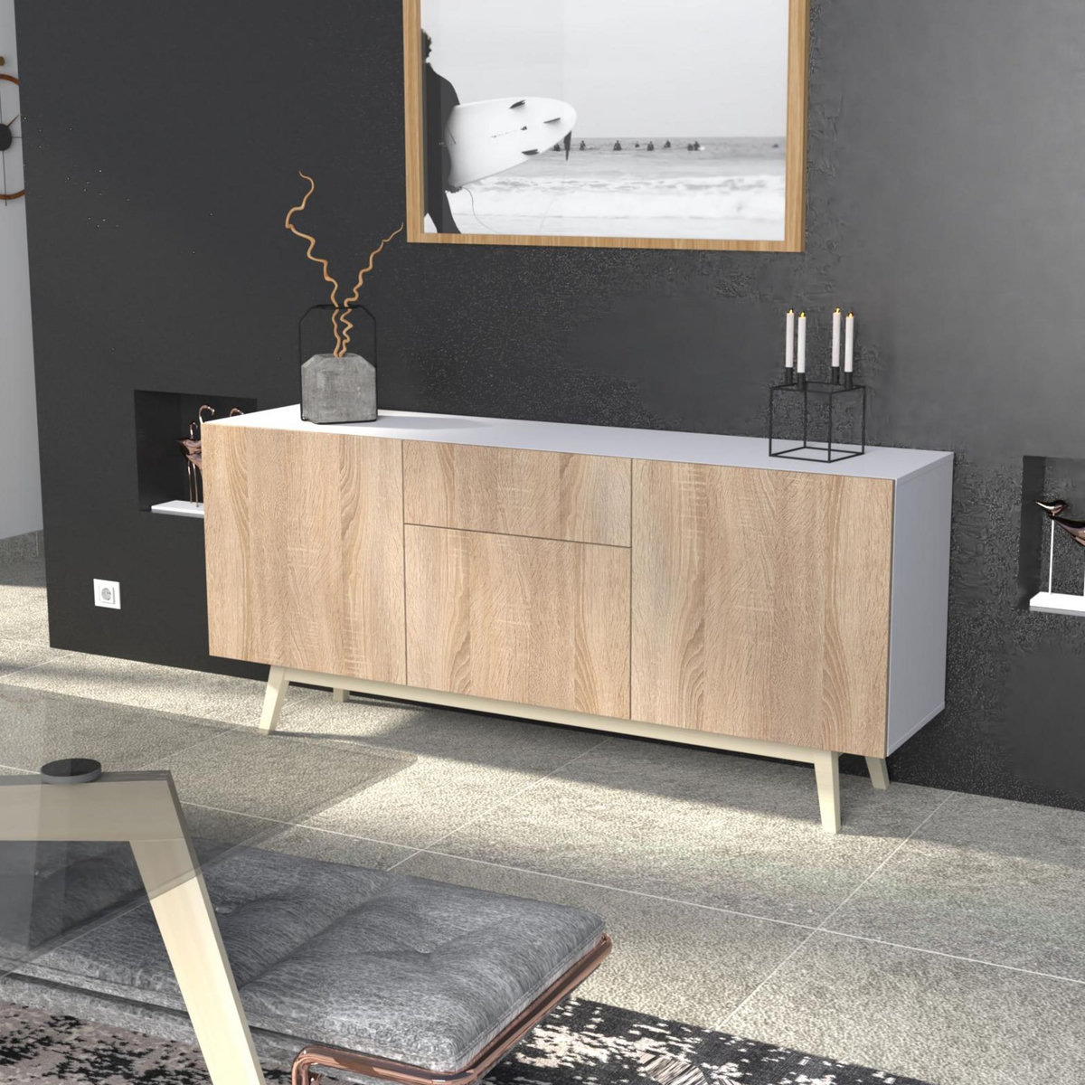 Bahut scandinave 3 portes 1 tiroir L180xP42xH80cm SNOW