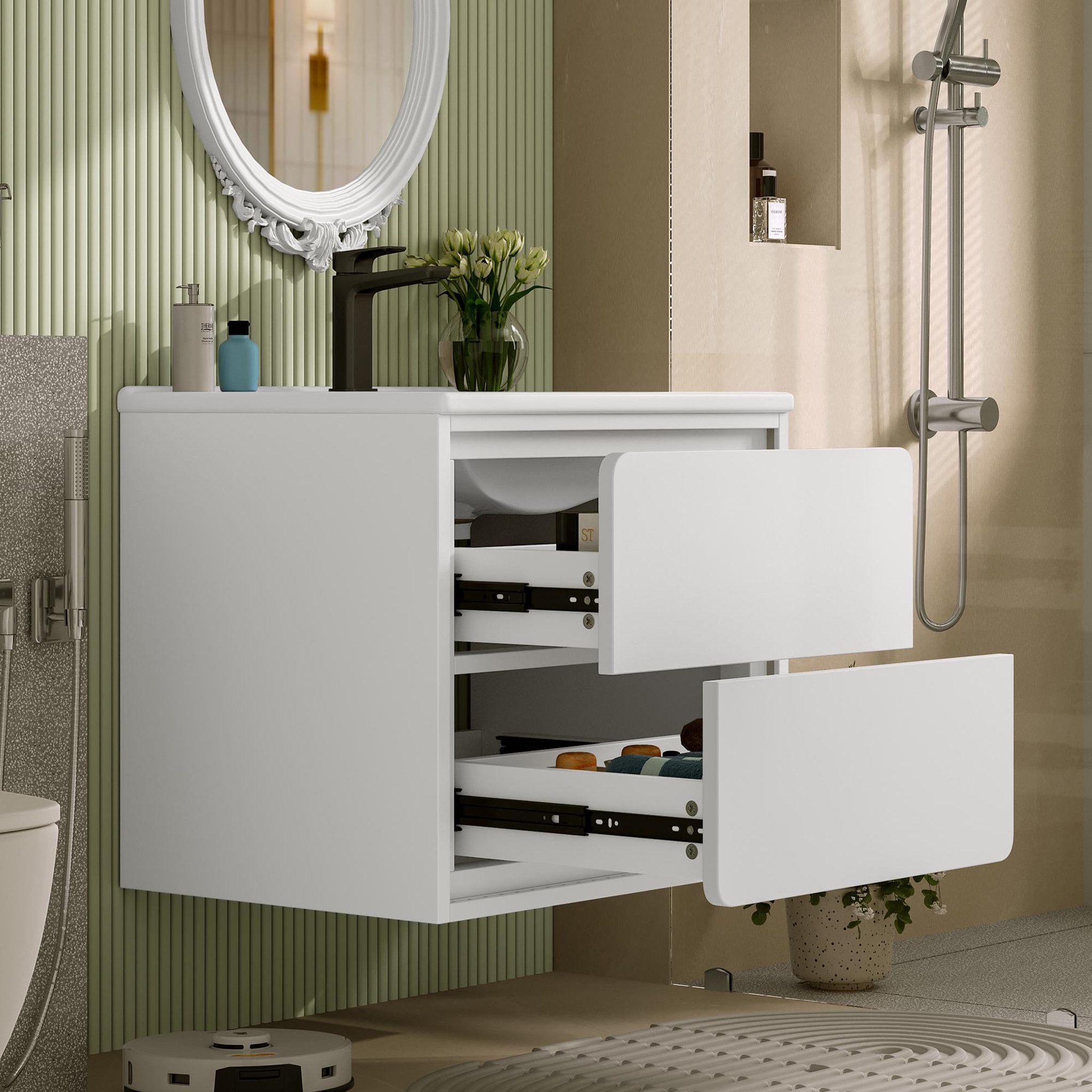 Voir la diapositive 3 : MERAX Meuble De Salle De Bain Vasque 2 Tiroirs Et LED Blanc