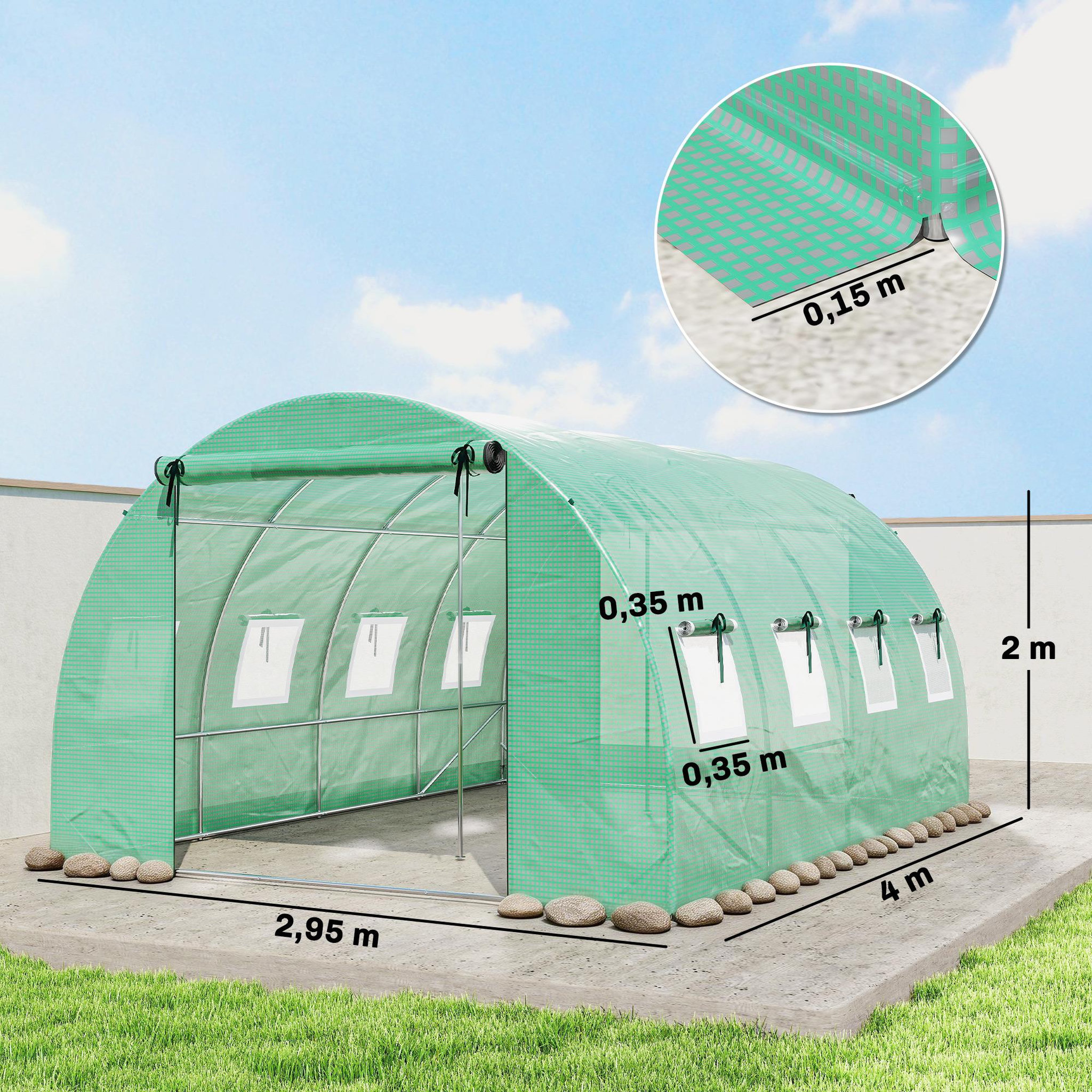 Voir la diapositive 3 : OUTSUNNY Serre tunnel de jardin - 12 m² - bâche pe 140 g/m² - 2 portes et 8 fenêtres - 295x400x200cm - bâche pe 140 g/m² - vert