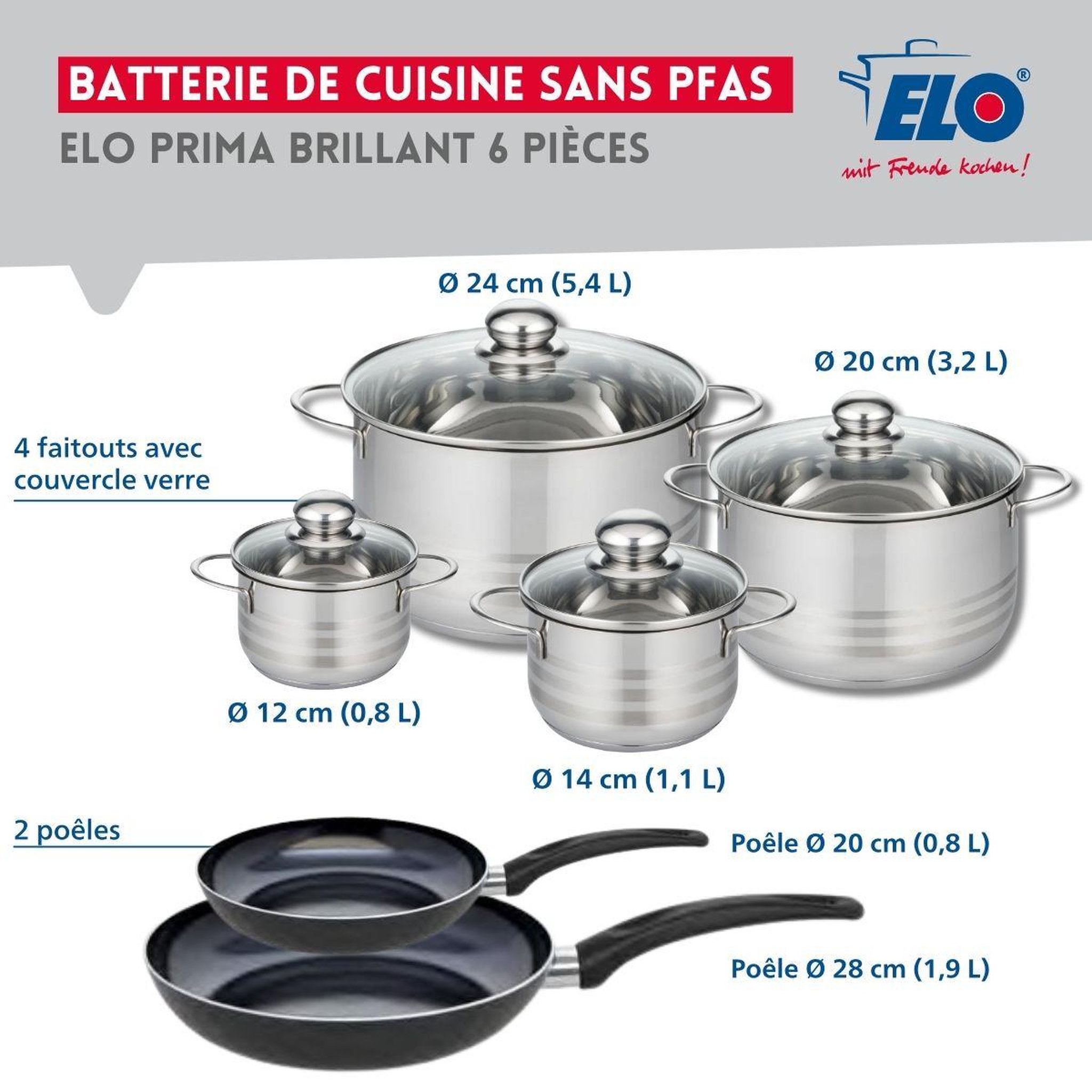 Voir la diapositive 2 : ELO Ensemble de 2 poêles de cuisson 20 et 28 cm et 4 faitouts 12, 14, 20 et 24 cm elo prima brillant