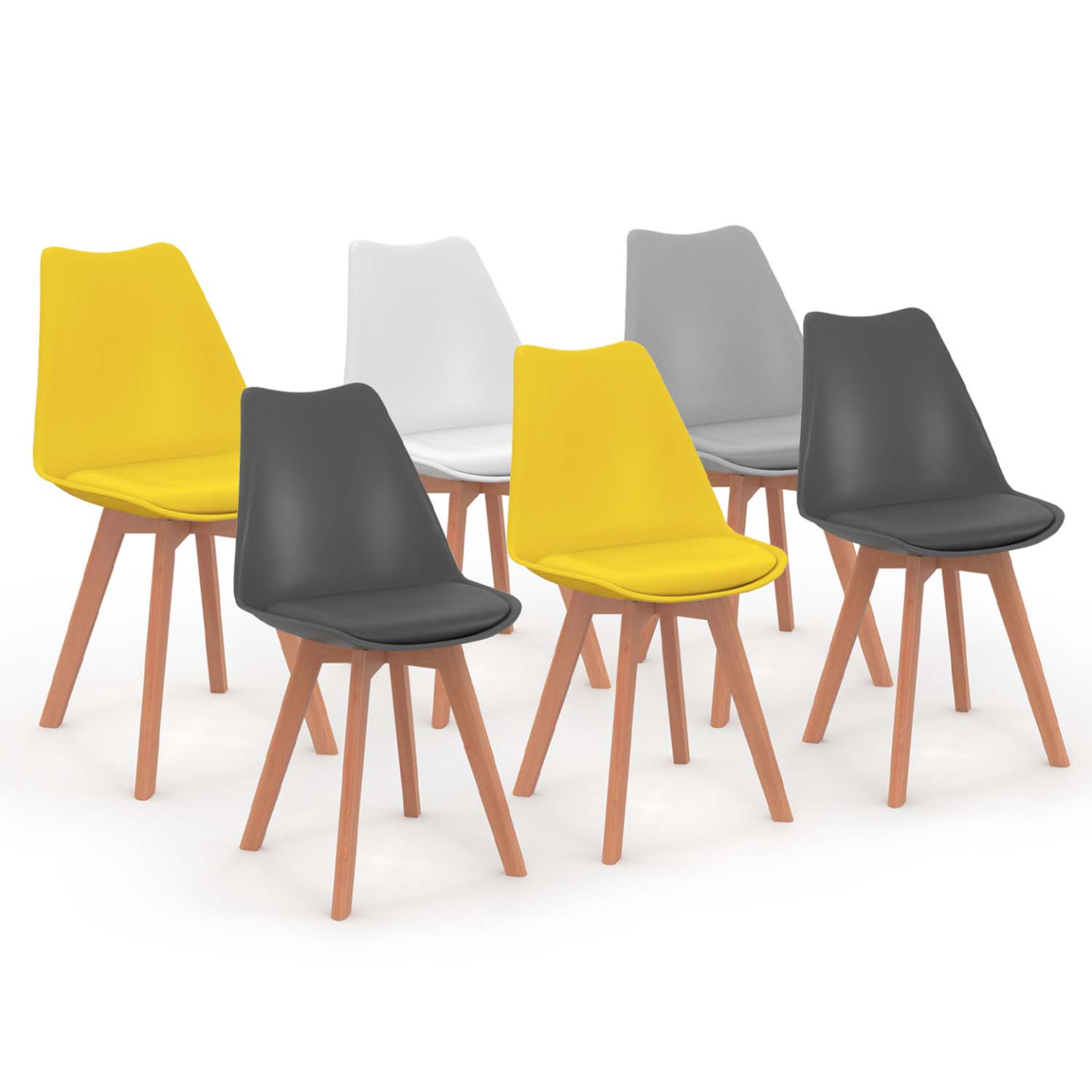 ID MARKET Lot de 6 chaises scandinaves sara mix color gris clair, blanc, gris foncé x2, jaune x2