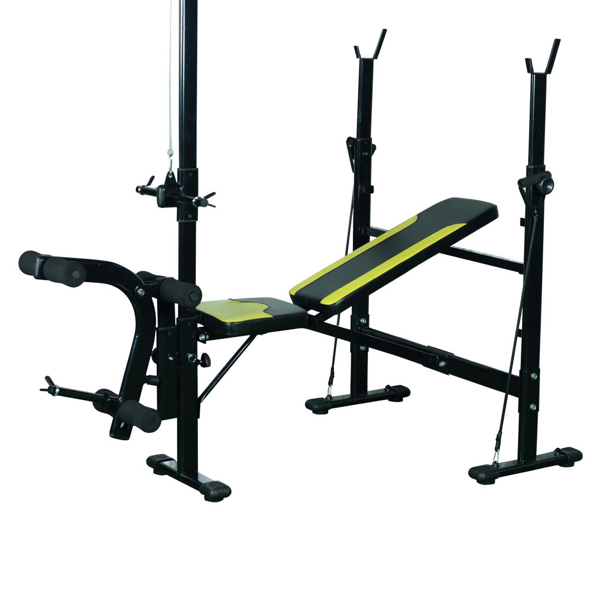 Voir la diapositive 5 : HOMCOM Banc de musculation fitness entrainement complet dossier réglable cordes traction curler supports barre et haltères noir et jaune