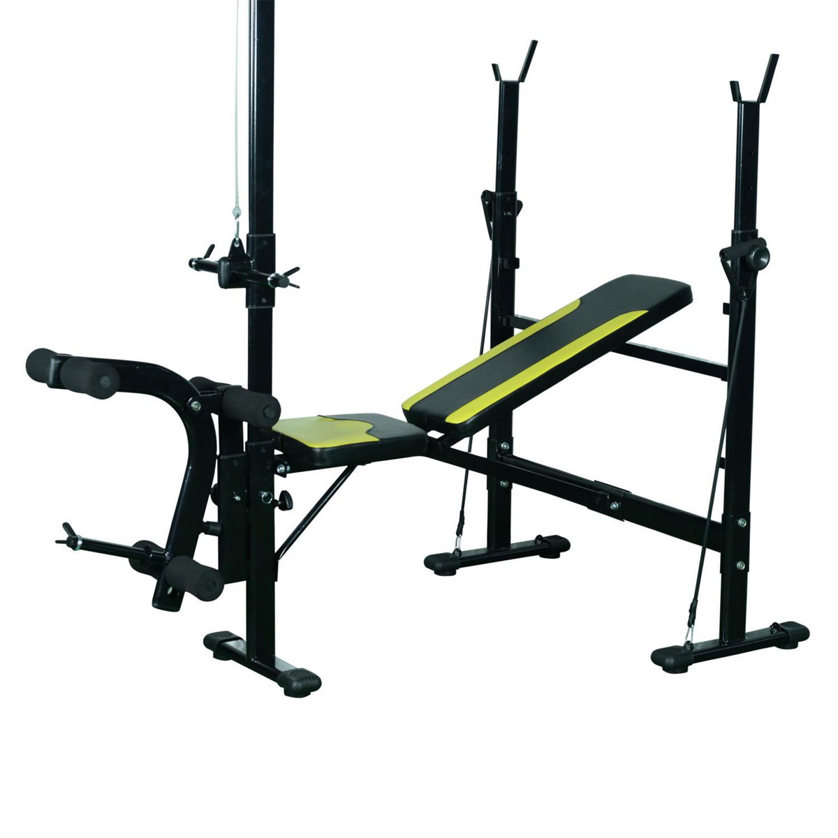 HOMCOM Banc de musculation Fitness entrainement complet dossier réglable cordes traction curler supports barre et haltères noir et jaune