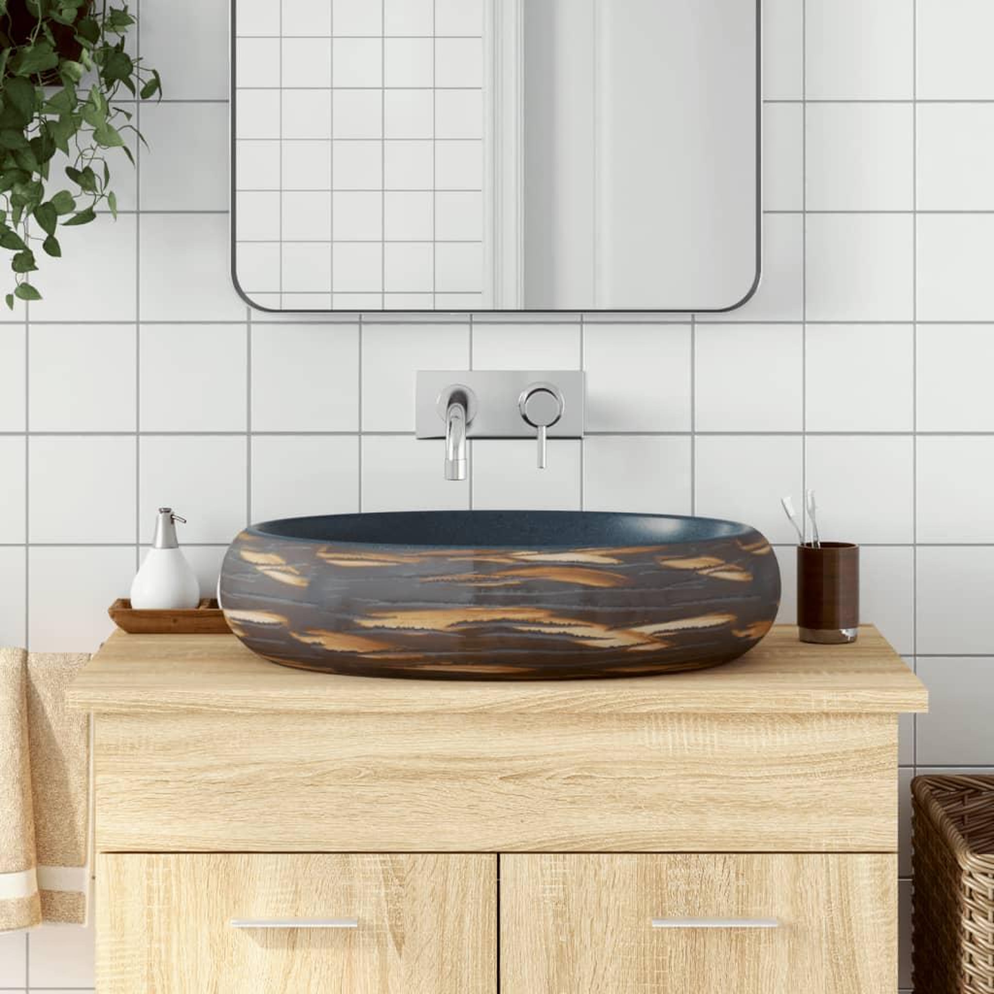 VIDAXL Vasque a poser marron et bleu ovale 59x40x15 cm ceramique