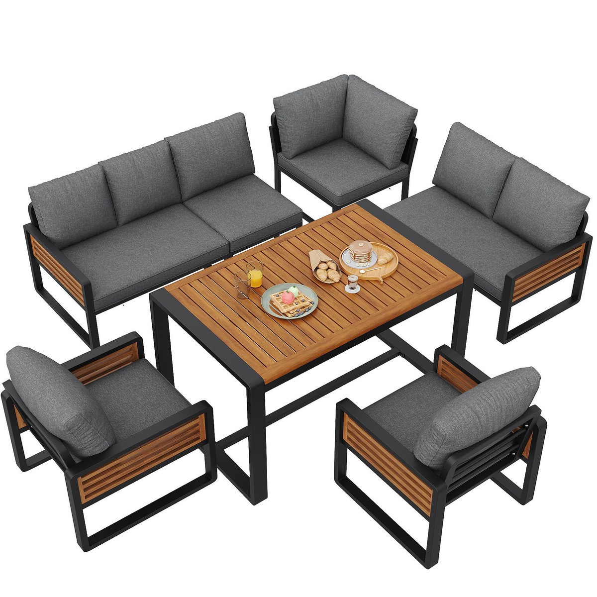 MERAX Salon de jardin repas 8 places en métal et bois massif avec canapé, table à manger, coussins