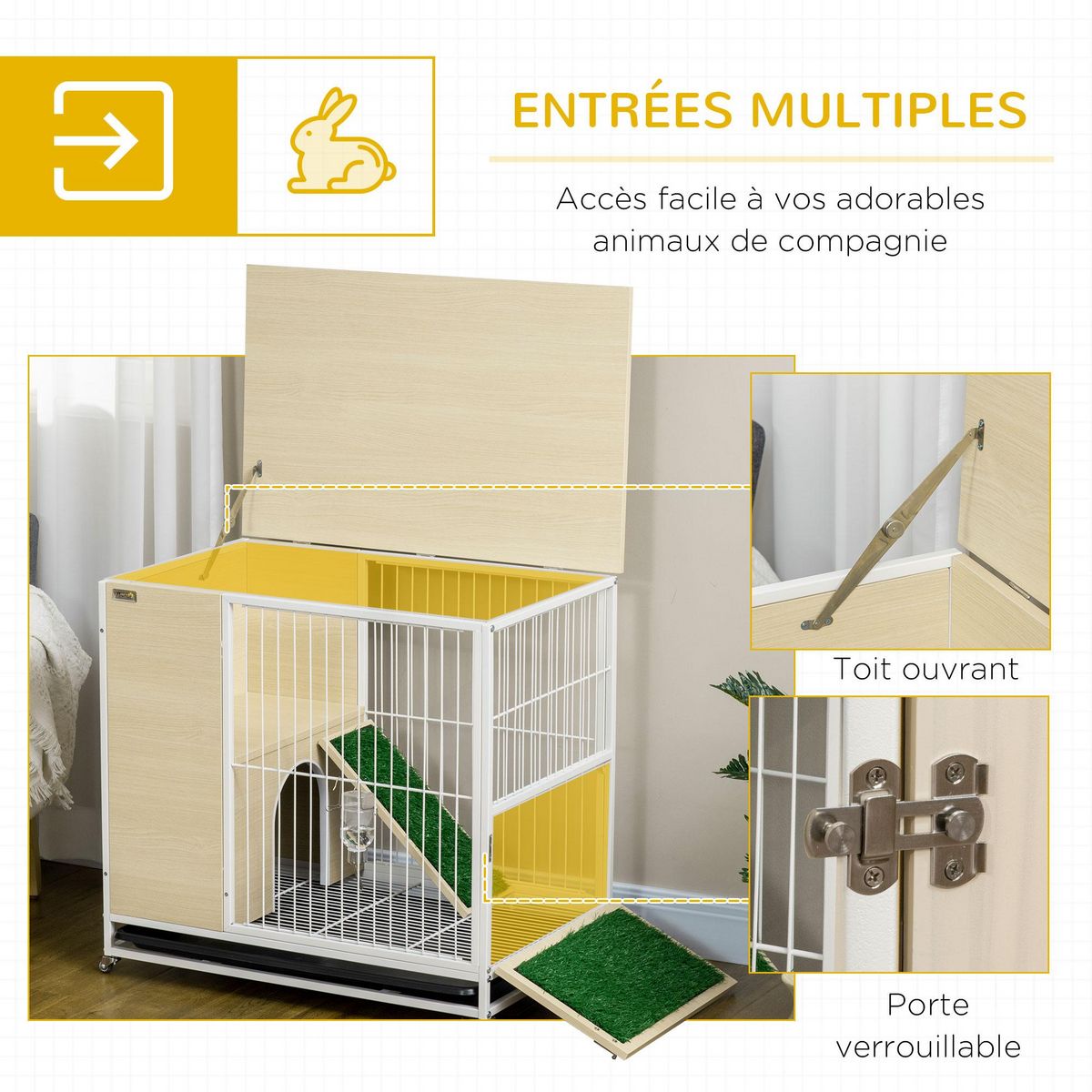 PAWHUT Clapier à lapin sur roulettes cage à lapin 2 niveaux toit ouvrant porte plateau déjection coulissant rampe niche acier blanc aspect bois clair