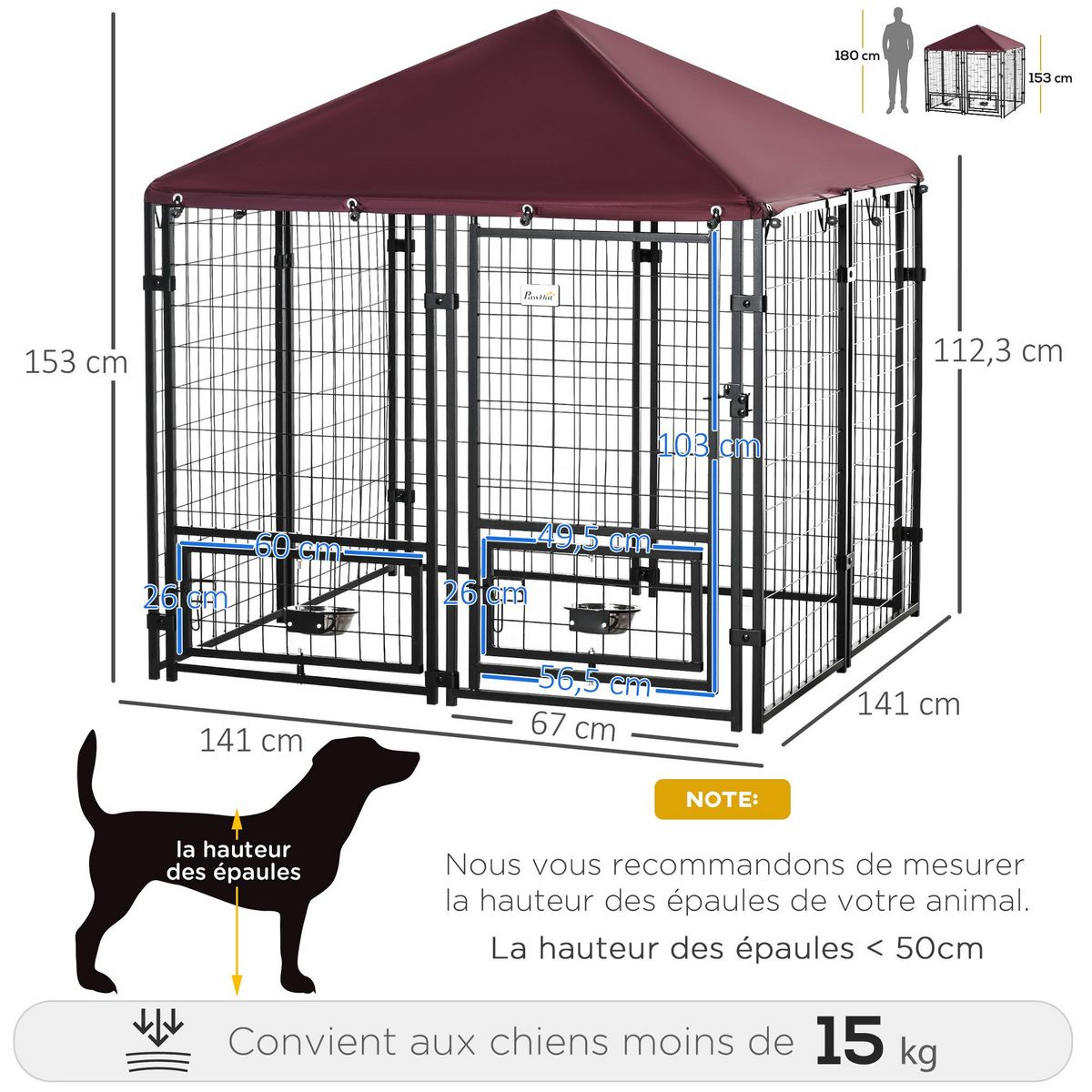 PAWHUT Chenil extérieur chien - cage chien - enclos chien - toile toit imperméable anti-UV, porte verrouillable, 2 bols rotatifs - acier noir oxford pourpre