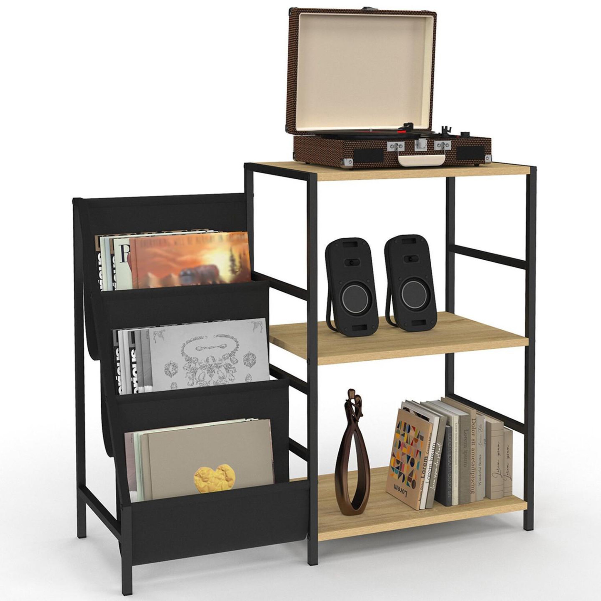 ID MARKET Meuble d'appoint, rangement avec étagères, supports vinyles et platine NEVIL design industriel