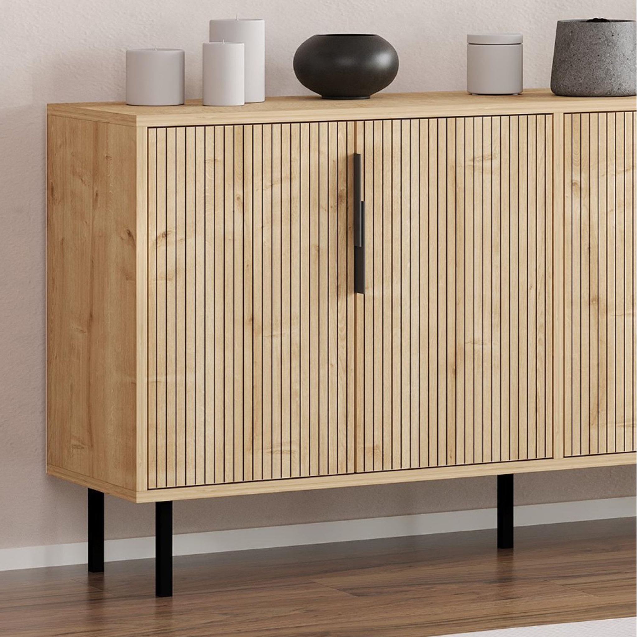 Voir la diapositive 4 : CONCEPT USINE Buffet cannelé 4 portes aspect bois 150x75cm ciaro
