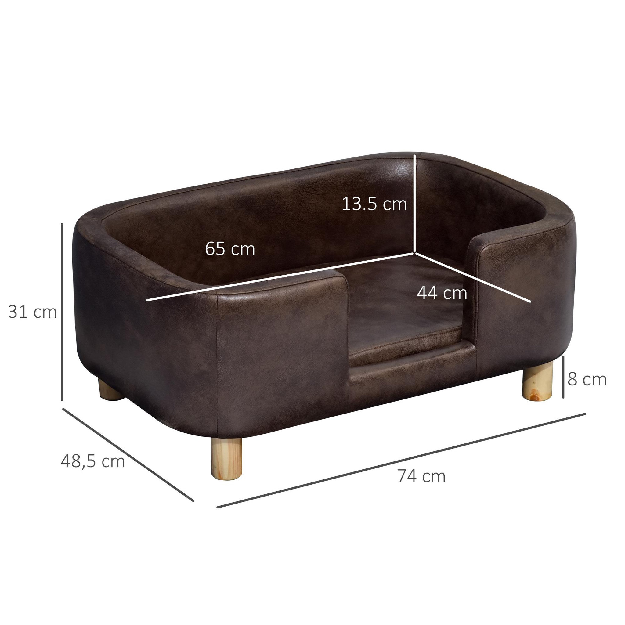 Voir la diapositive 3 : PAWHUT Canapé chien lit pour chien chat avec rebord coussin moelleux pieds bois massif dim. 74 x 48,5 x 31 cm revêtement micro-fibre chocolat