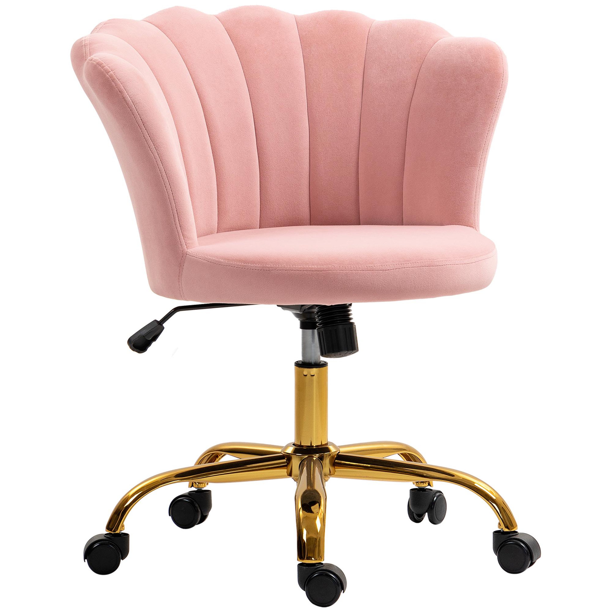 HOMCOM Chaise bureau velours design coquillage piètement acier doré rose poudré