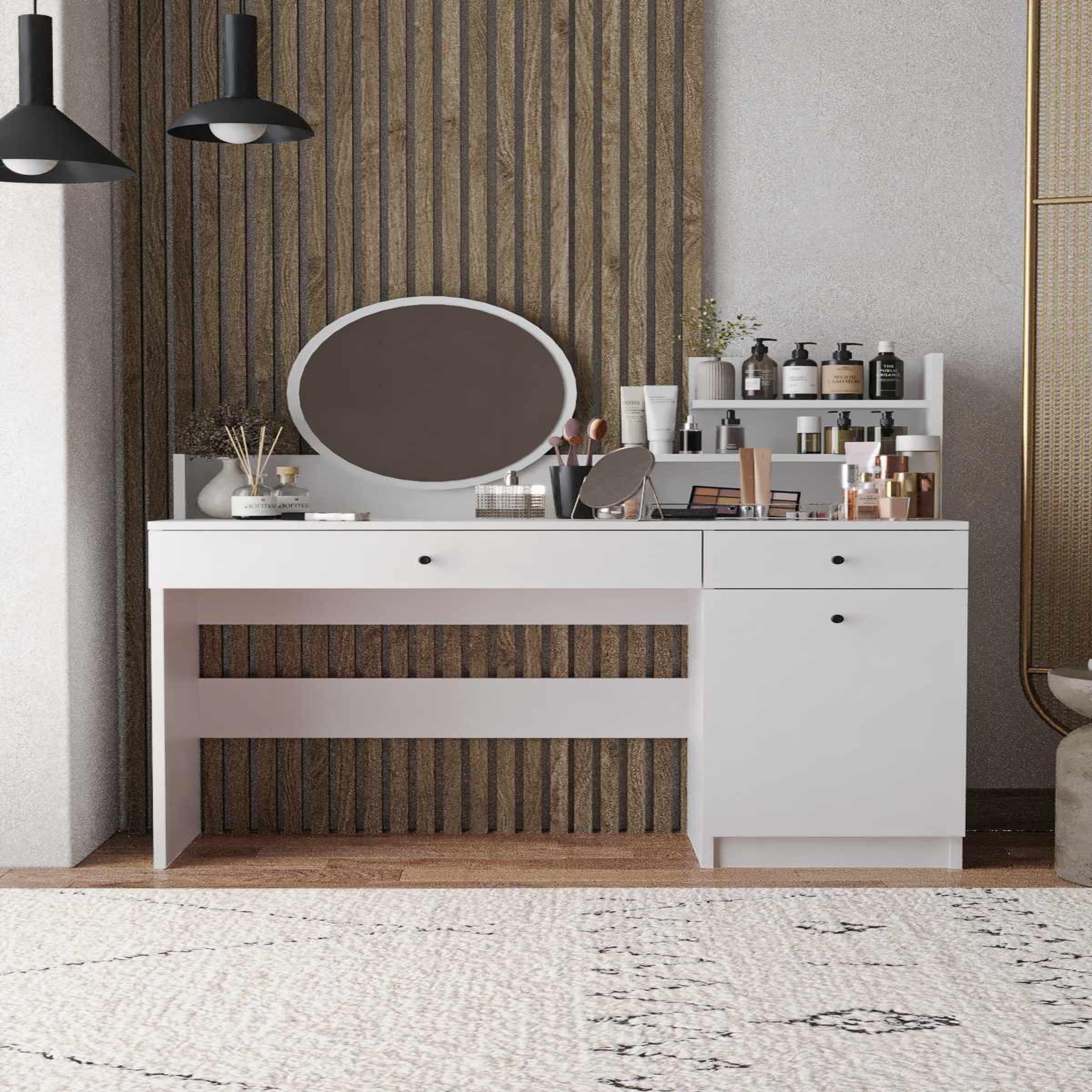 Voir la diapositive 2 : Habitat et Jardin Coiffeuse avec miroir rond en bois  harmony round  - 124 x 40 x 135 cm - blanc