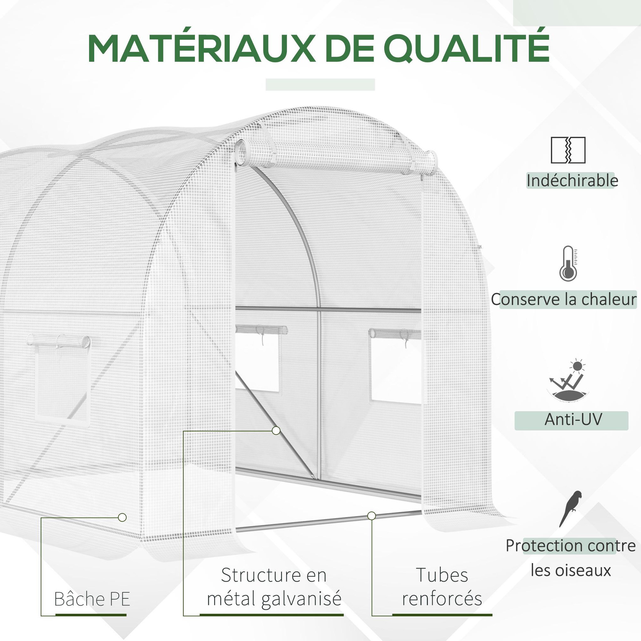 Voir la diapositive 4 : OUTSUNNY Serre de jardin tunnel 6 m² 3l x 2l x 1,9h m acier galvanisé renforcé diamètre 2,4 cm + pe haute densité fenêtres porte blanc