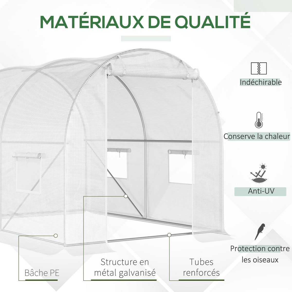 OUTSUNNY Serre de jardin tunnel 6 m² 3L x 2l x 1,9H m acier galvanisé renforcé diamètre 2,4 cm + PE haute densité fenêtres porte blanc