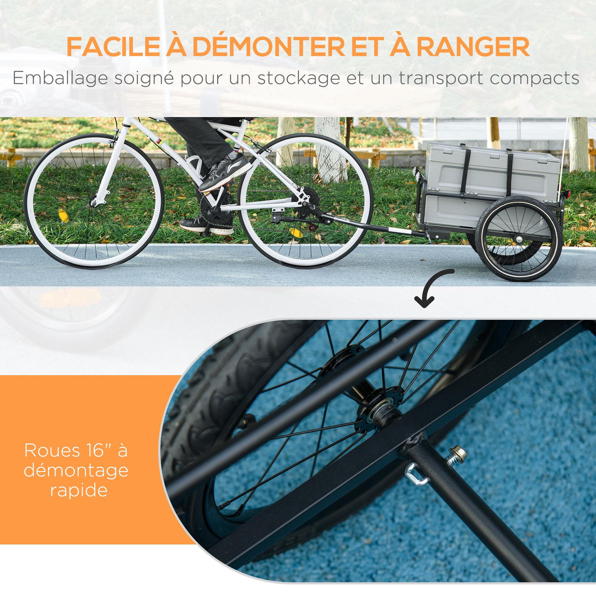 Voir la diapositive 6 : OUTSUNNY Remorque à vélo pliable avec coffre de rangement charge max. 40 Kg gris