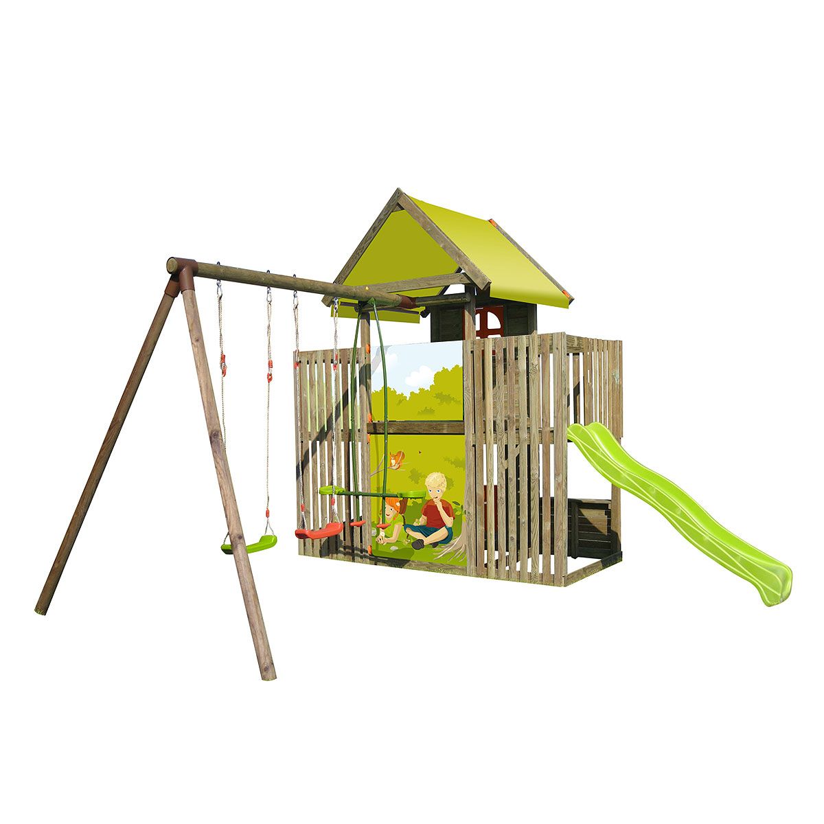 Soulet Portique balançoire bois avec tour et toboggan Le p'tit Chatenay