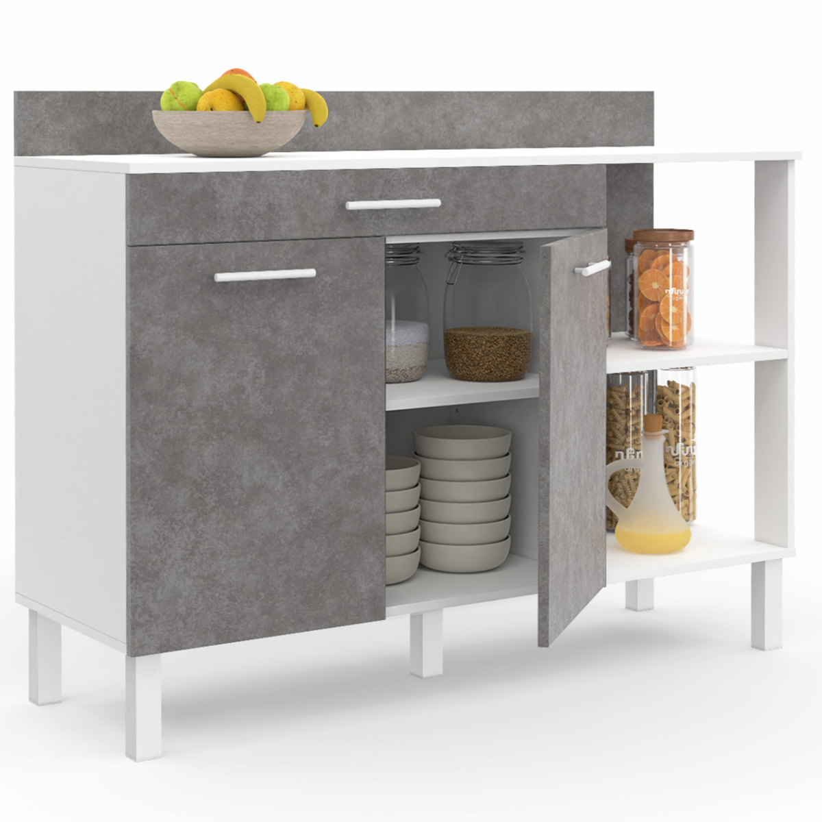 ID MARKET Buffet bas de cuisine 120 cm CINA plan de travail H.83 cm 2 portes + tiroir blanc et effet béton