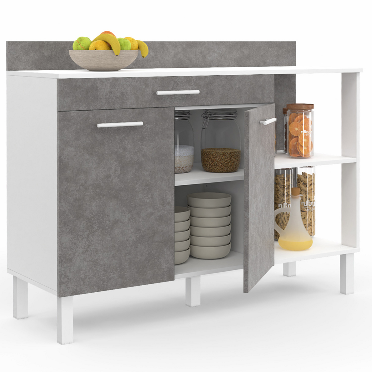 ID MARKET Buffet bas de cuisine 120 cm CINA plan de travail H.83 cm 2 portes + tiroir blanc et effet béton