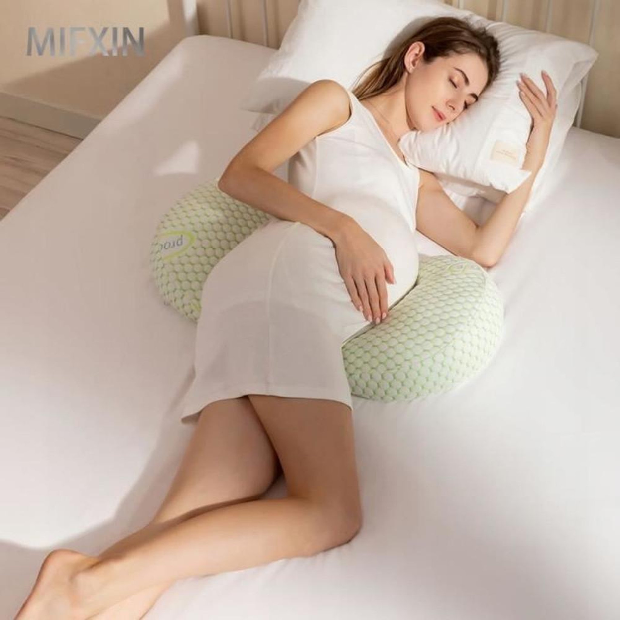 Voir la diapositive 2 : Coussin de grossesse en U vert taille S pour dormir sur le côté, supports amovibles et largeur ajustable jusqu'à 21 cm d'espace entre les supports