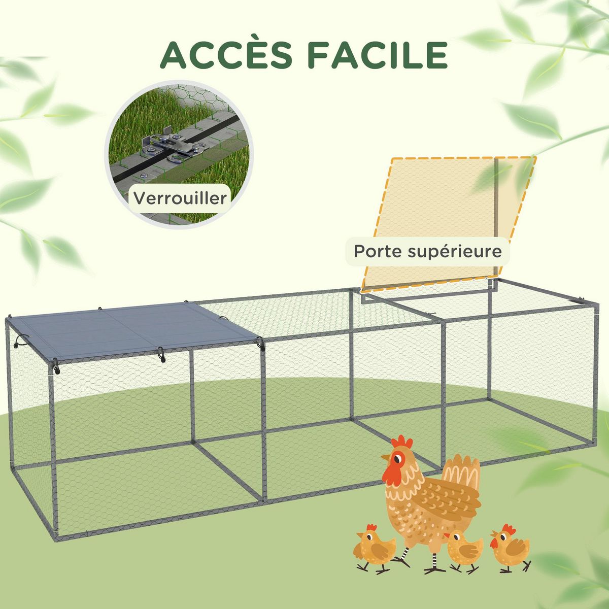 PAWHUT Cage parc enclos poulailler dim. 2,96L x 1l x 0,8H m - espace couvert - ouverture toit verrouillable - acier gris vert