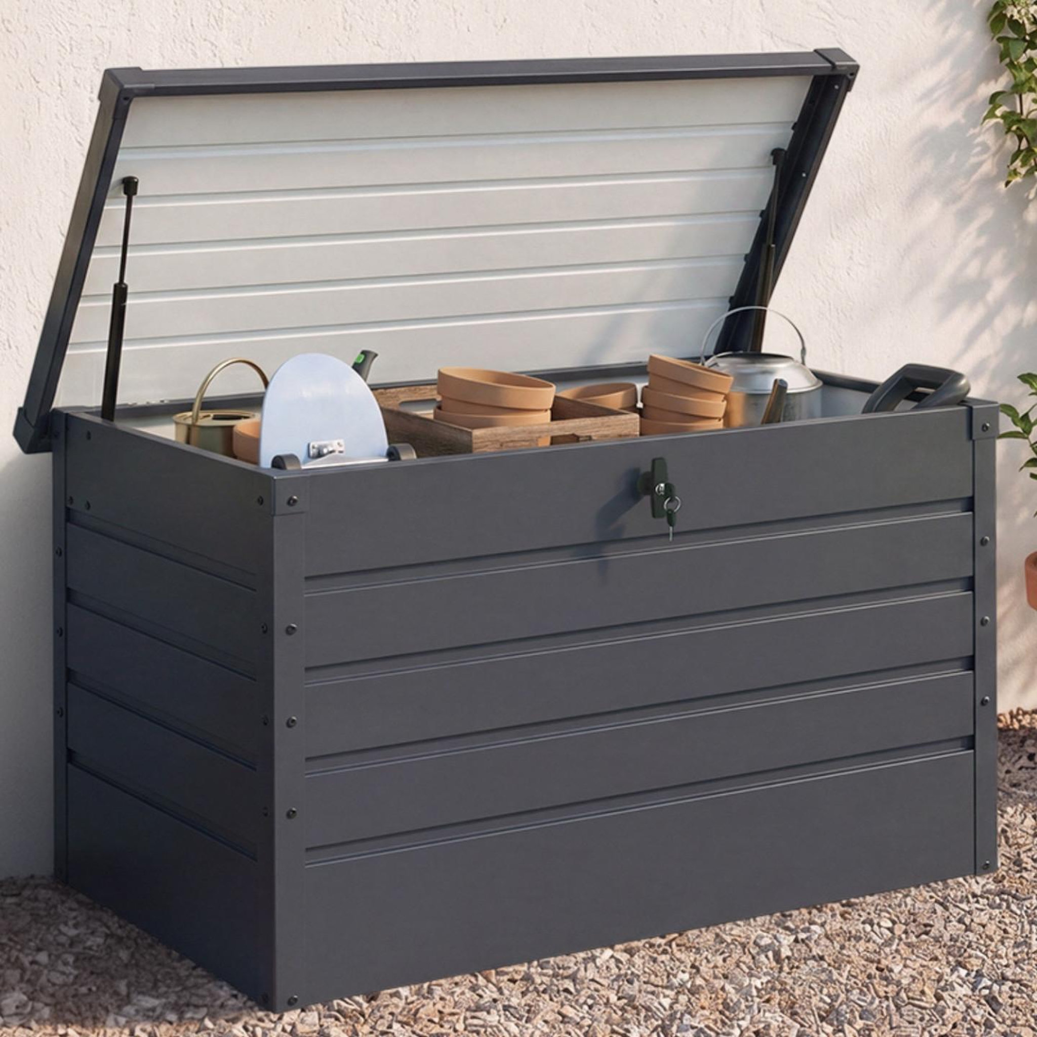 Voir la diapositive 2 : ID MARKET Coffre de rangement métal verrouillable gris anthracite pour jardin 350l 120x62,5x63 cm