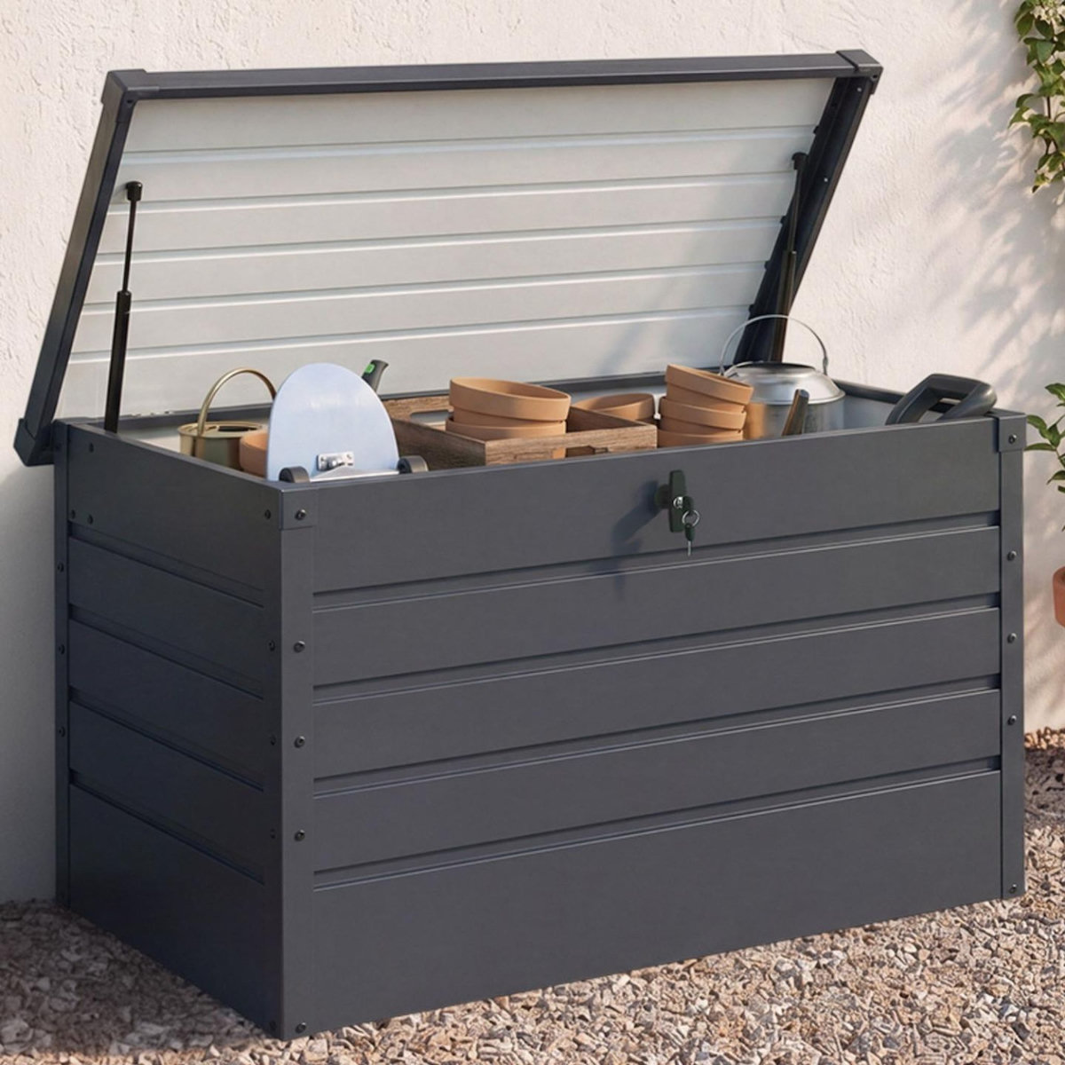ID MARKET Coffre de rangement métal verrouillable gris anthracite pour jardin 350L 120x62,5x63 cm
