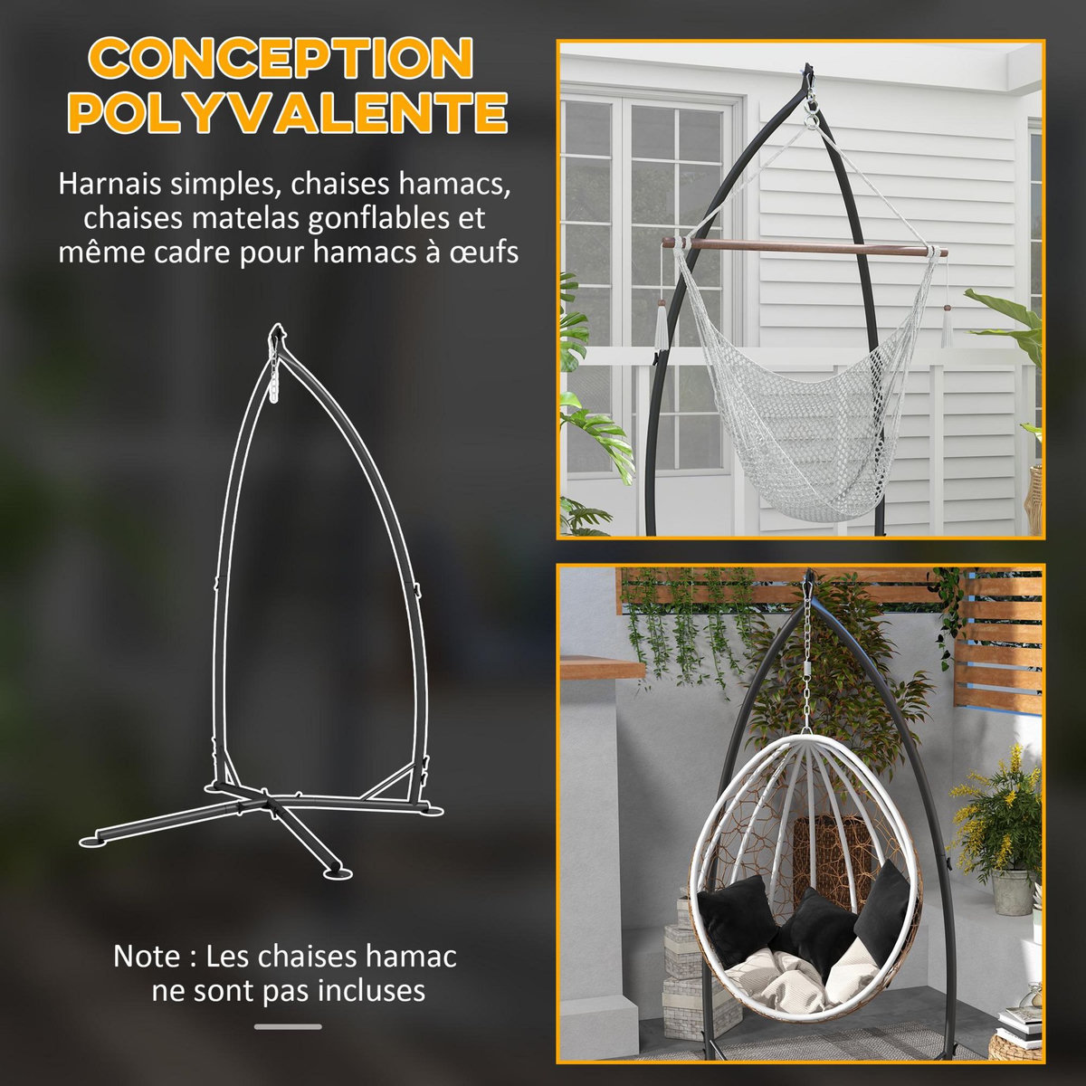 OUTSUNNY Support fauteuil suspendu - pied fauteuil suspendu - H. 215 cm - charge max. reco. 130 Kg - métal noir