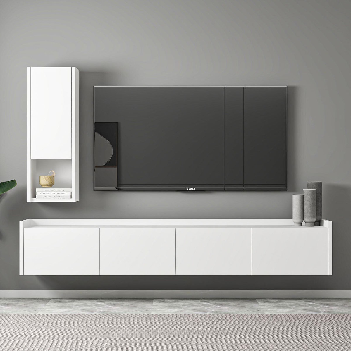 Habitat et Jardin Meuble TV avec étagère murale en bois  Sema  - 160 x 30 x 35 cm - Blanc