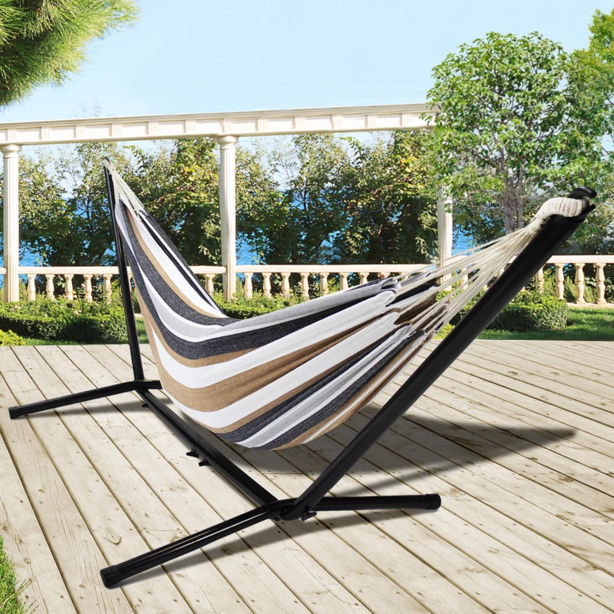 ID MARKET Hamac avec support métal et toile rayée noire, blanche et chocolat