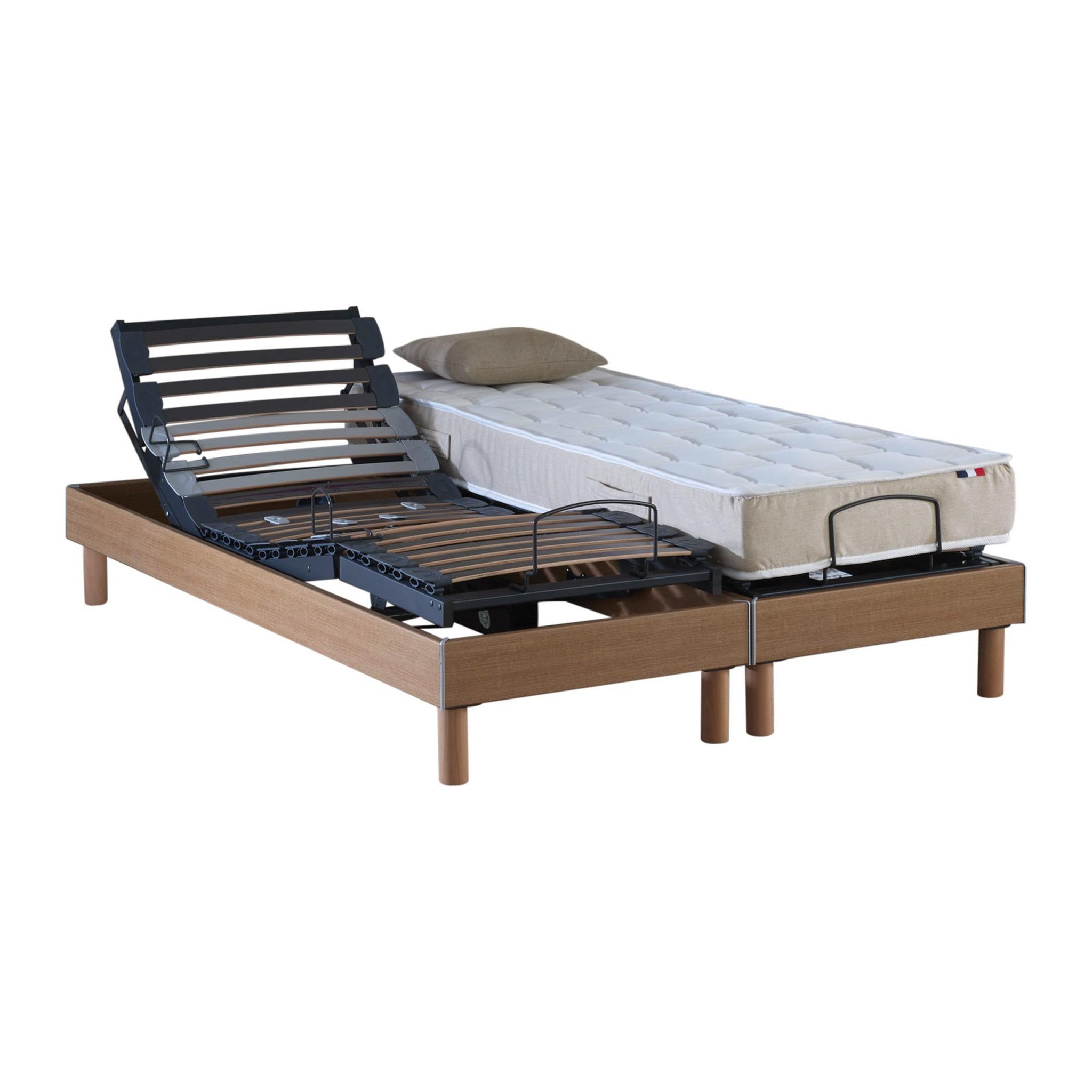 Voir la diapositive 2 : IDLITERIE Ensemble lit électrique relaxation à lattes chêne clair - Matelas 100% latex 5 zones 18 cm