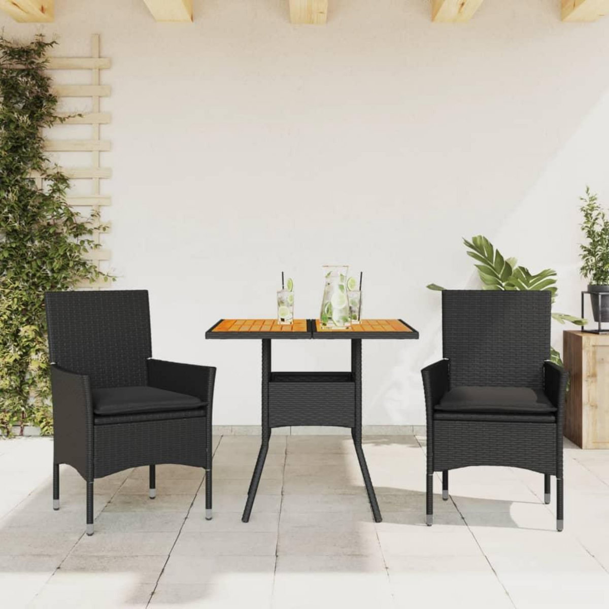 VIDAXL Ensemble a manger de jardin et coussins 3 pcs noir rotin acacia