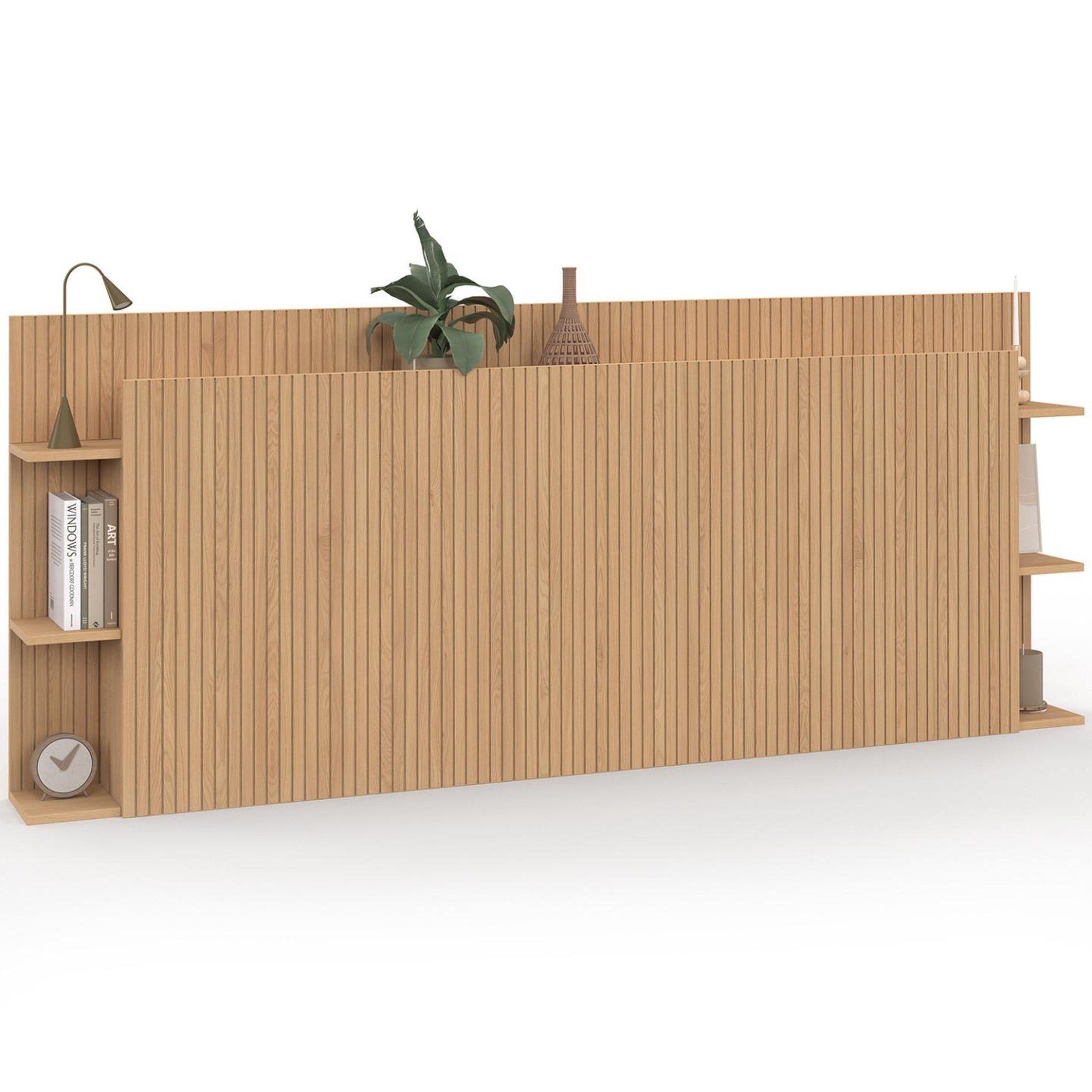 ID MARKET Tête de lit sur pied JULIETTE pour lit 140 et 160 cm avec rangements effet lattes tasseau bois