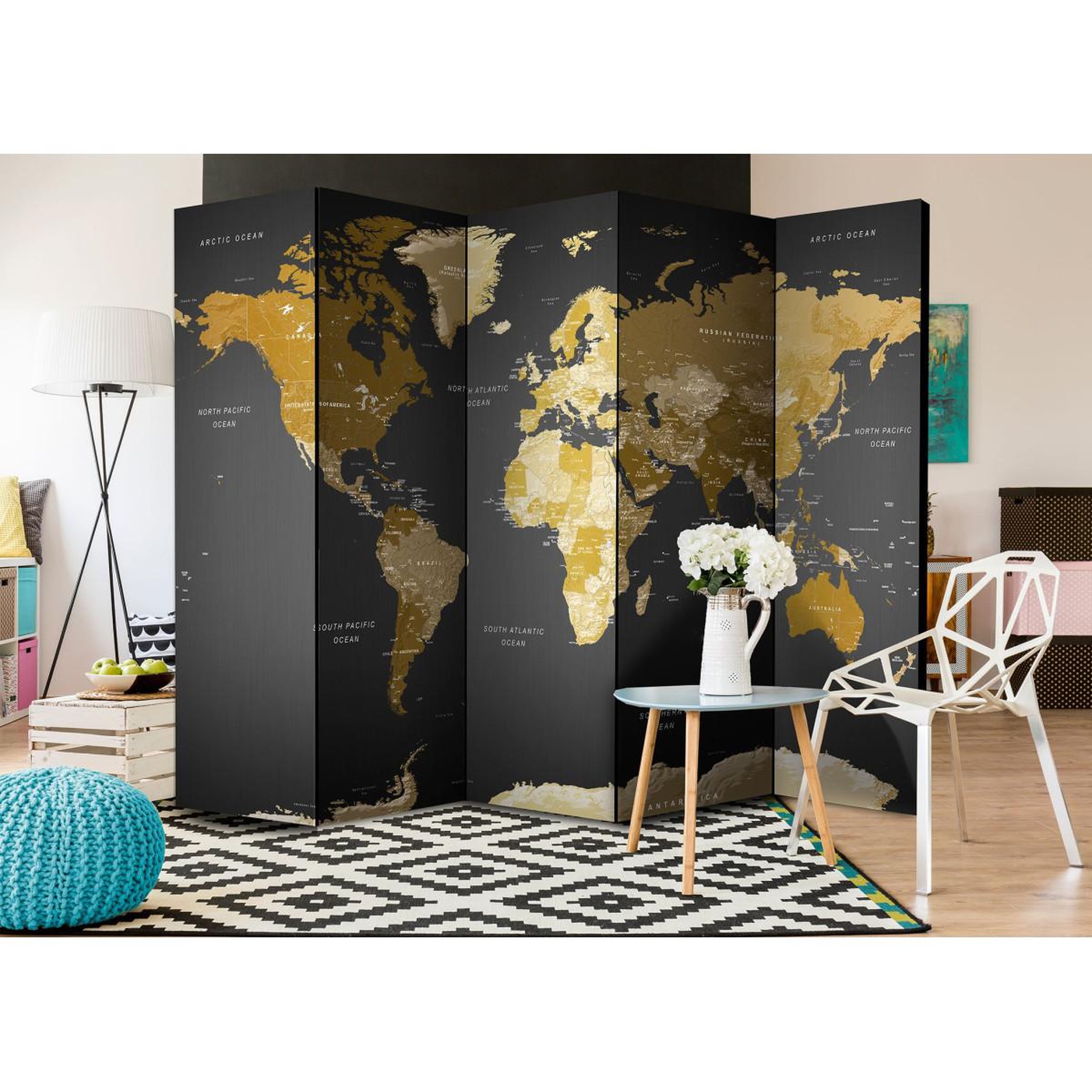 Voir la diapositive 2 : Paris Prix Paravent 5 volets  world map on dark background  172x225cm