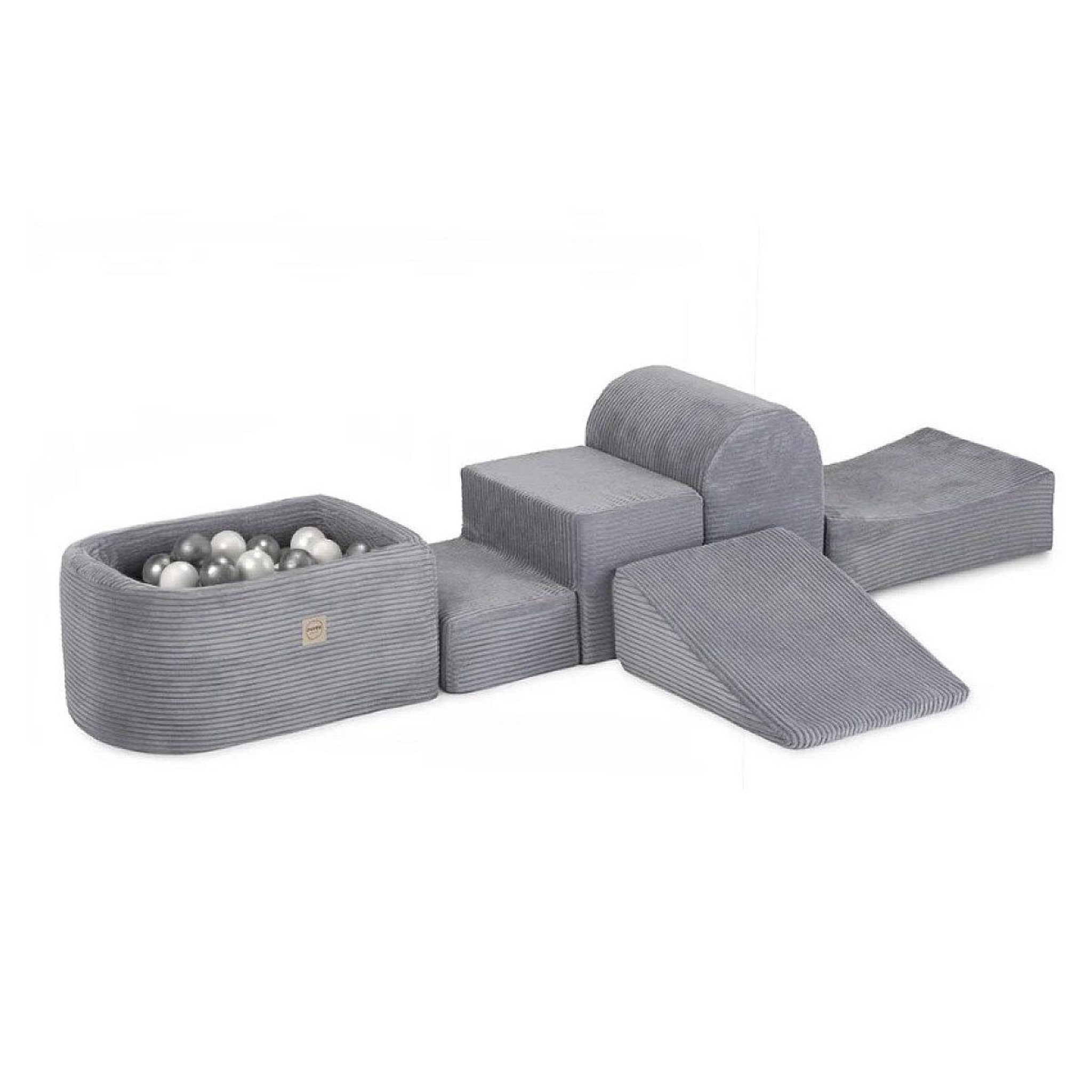 PLUSH NEST Mini aire de jeux piscine en velours gris 100 balles perle et argent