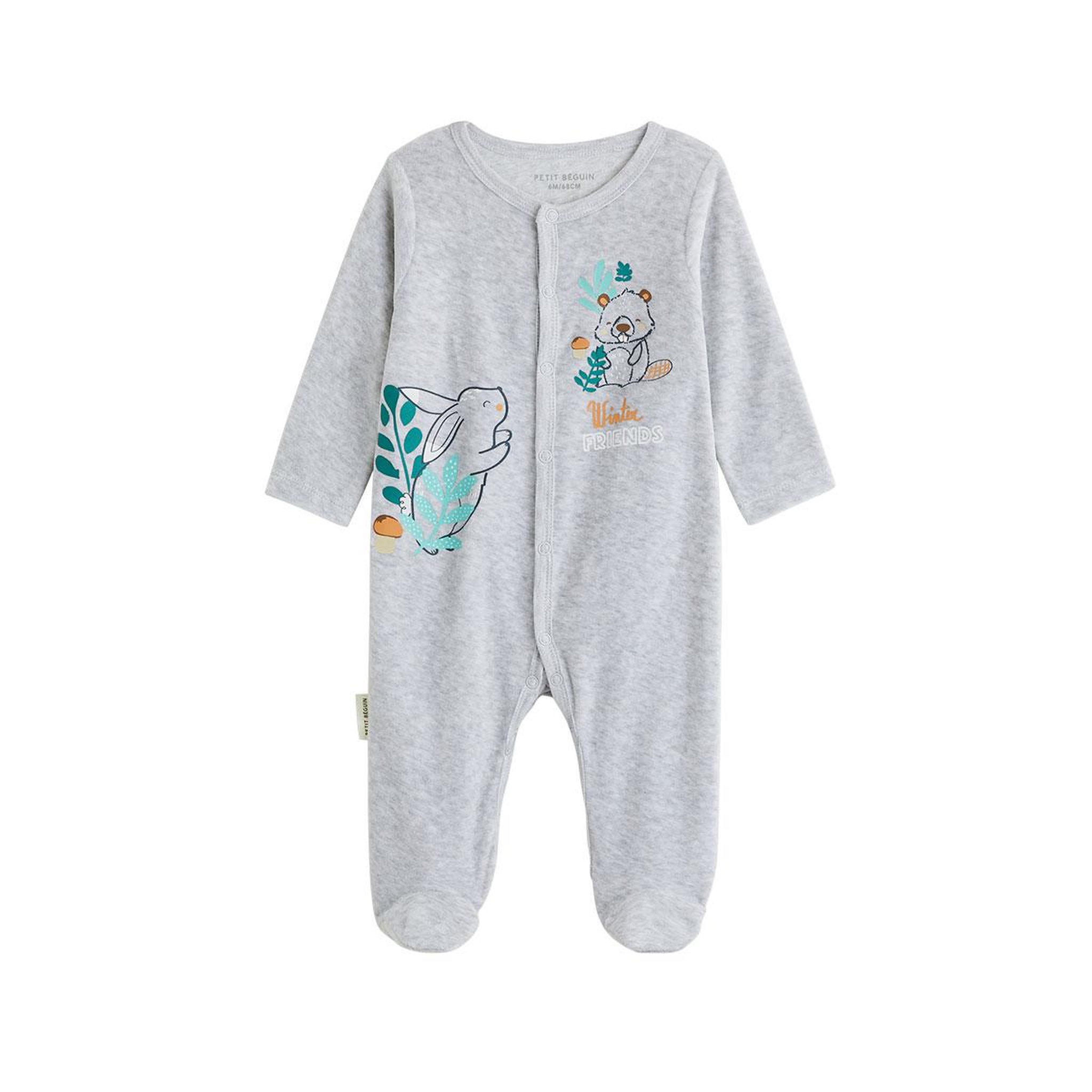 PETIT BEGUIN Pyjama bébé en velours ebana. Coloris disponibles : Gris