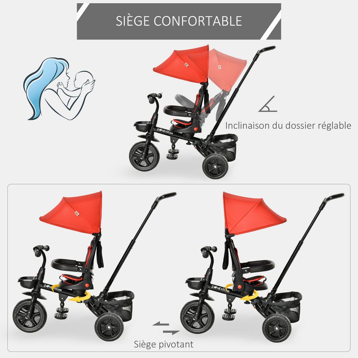 HOMCOM Tricycle enfant évolutif pliable 4 en 1 multifonction - pare-soleil, canne télescopique amovible - siège pivotant, harnais, arceau sécurité - 3 paniers rangement - métal PP rouge noir