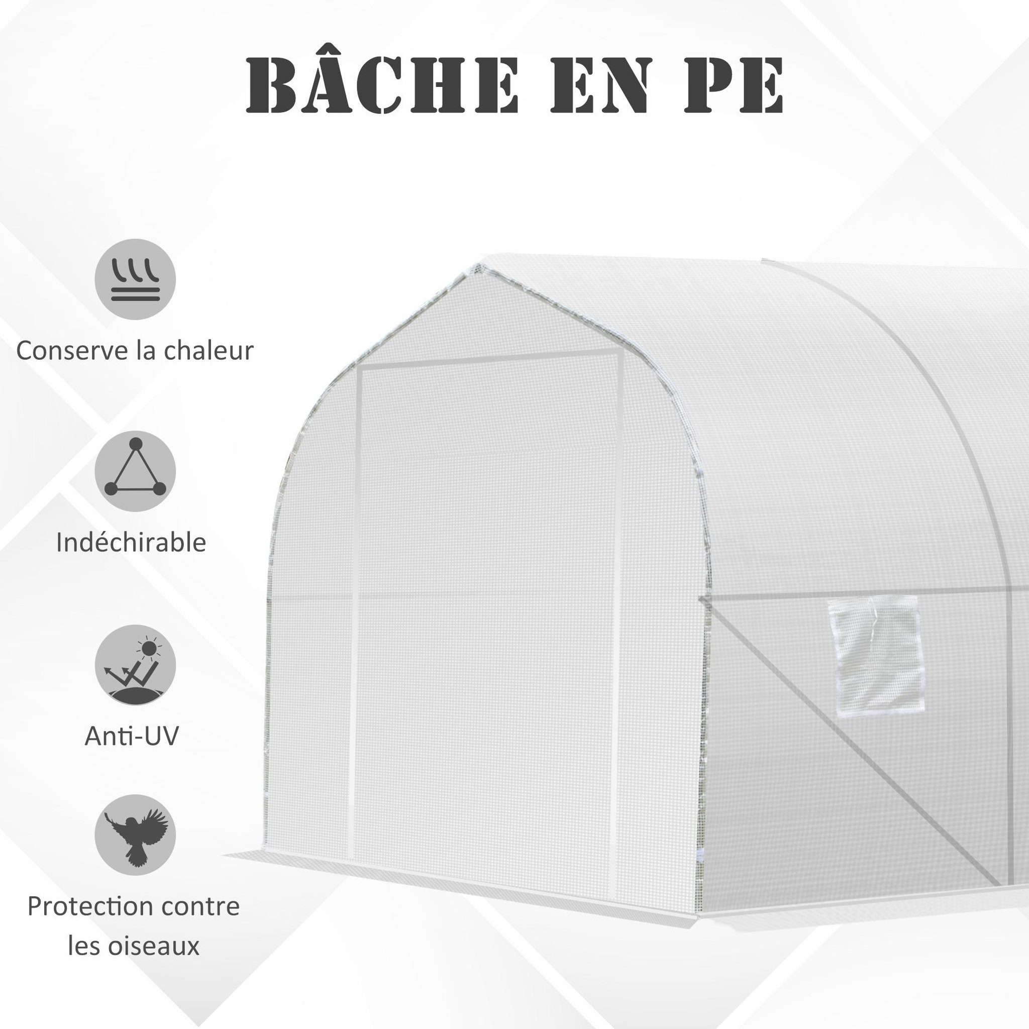 Voir la diapositive 5 : OUTSUNNY Serre tunnel de jardin dim. 3,5l x 3l x 2h m porte + 6 fenêtres enroulables acier galvanisé bâche pe haute densité blanc