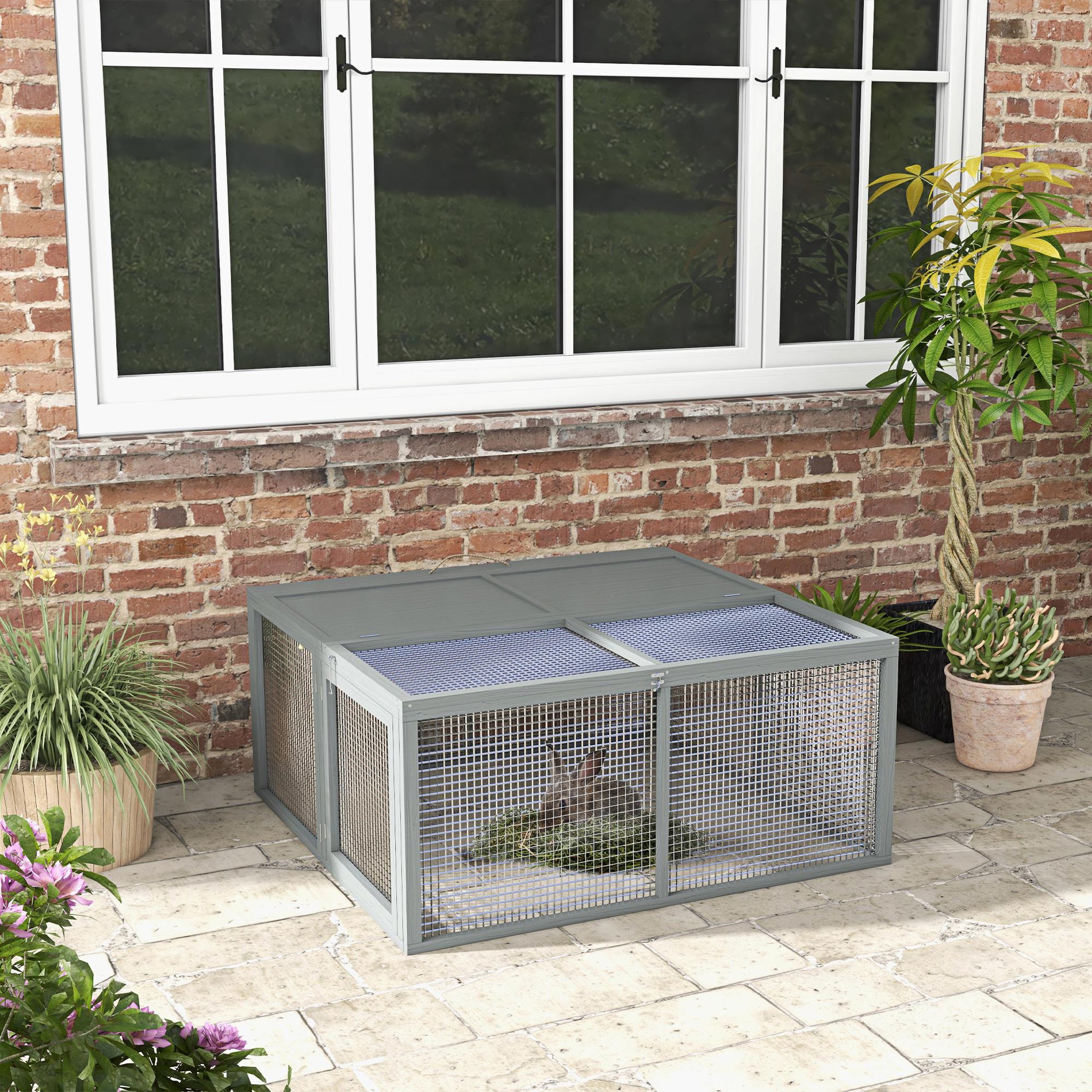 Voir la diapositive 2 : PAWHUT Clapier pliable avec poignée - cage à lapin - toit ouvrant, porte - 110 x 105 x 50 cm - acier bois gris