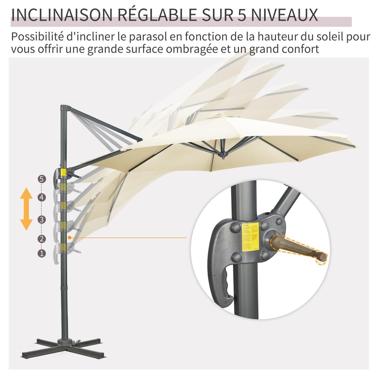 OUTSUNNY Parasol déporté octogonal inclinable manivelle avec pied en acier Ø 2,94 x 2,48H m beige clair