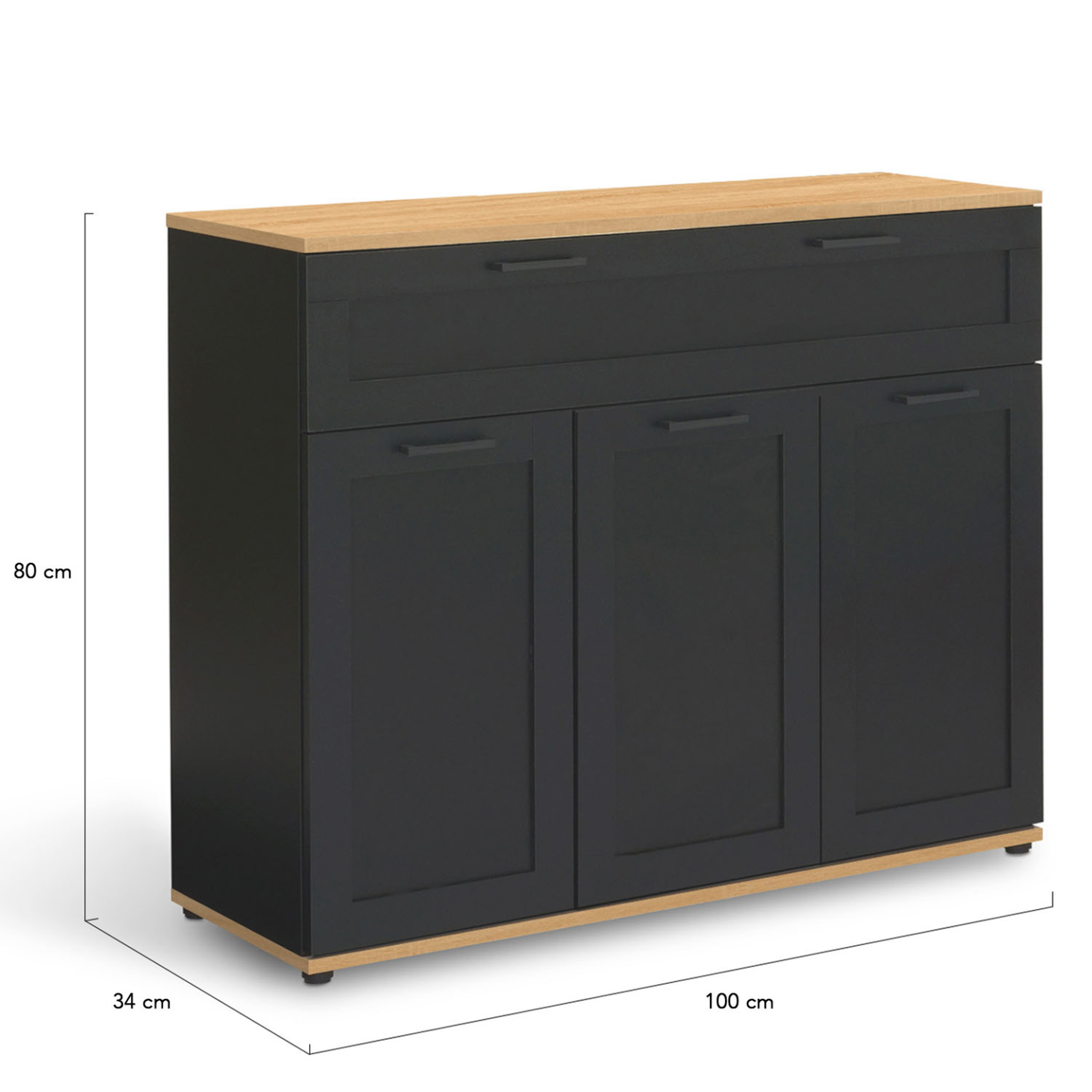 Voir la diapositive 5 : ID MARKET Buffet 100 cm vito 3 portes et 1 tiroir noir et plateau bois