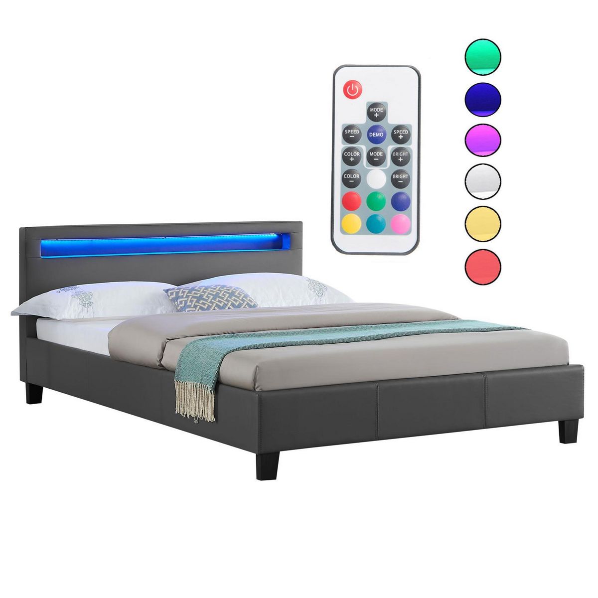 IDIMEX Lit LED double RIOJA 140x190 cm, avec sommier, revêtement tissu