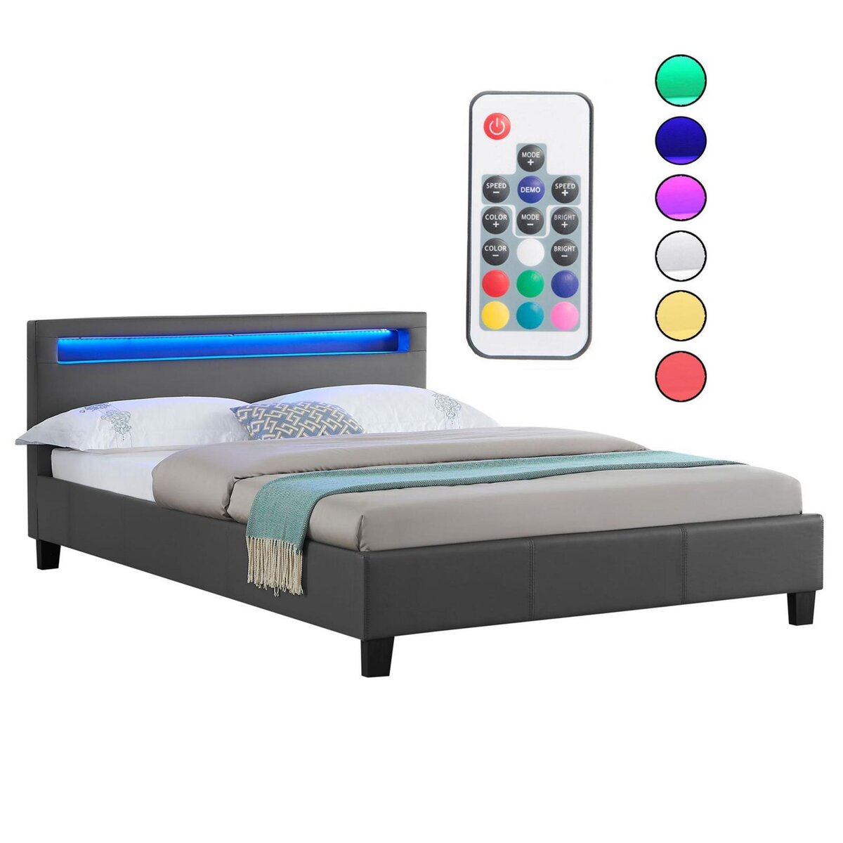 IDIMEX Lit LED double RIOJA 140x190 cm, avec sommier, revêtement tissu