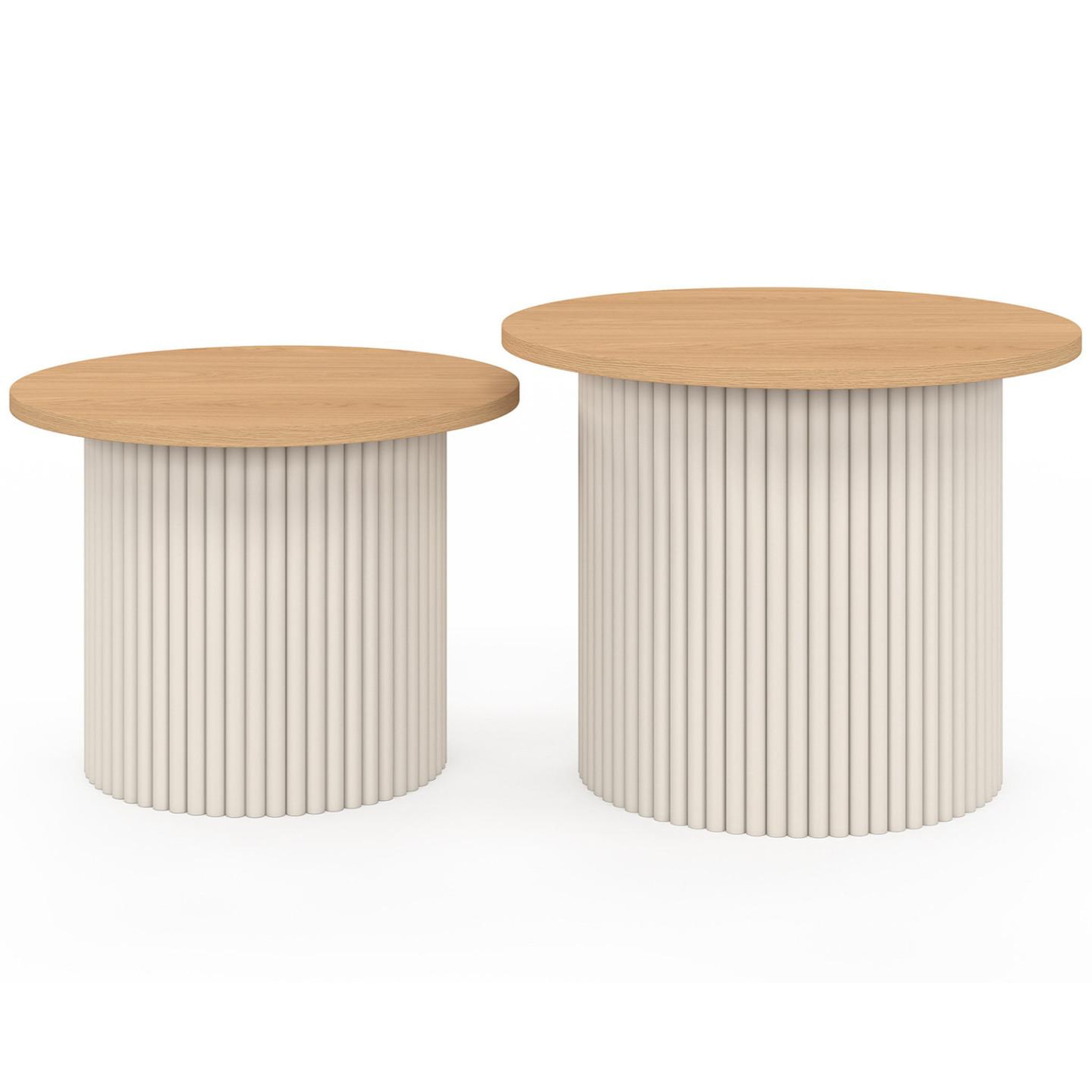 Voir la diapositive 3 : ID MARKET Lot de 2 tables basses gigognes kanel rondes 40/45 effet cannelé beige et plateau bois