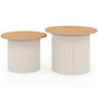 Voir la diapositive 3 : ID MARKET Lot de 2 tables basses gigognes KANEL rondes 40/45 effet cannelé beige et plateau bois
