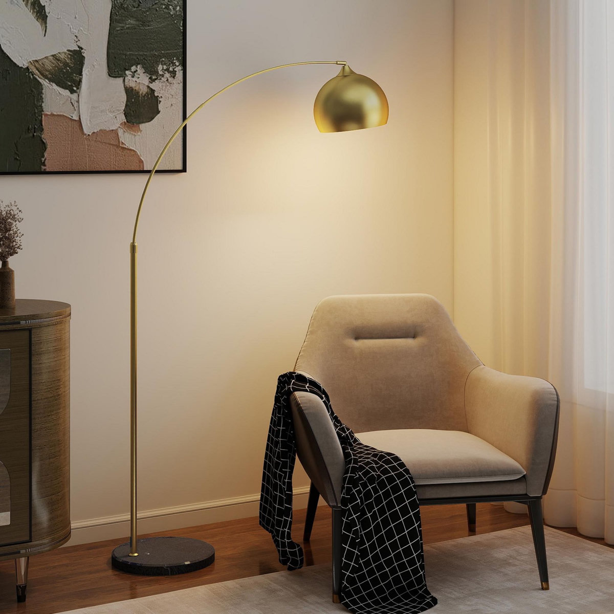 HOMCOM Lampadaire arc - lampadaire arceau courbé design - pied marbre noir mât abat-jour globe métal doré