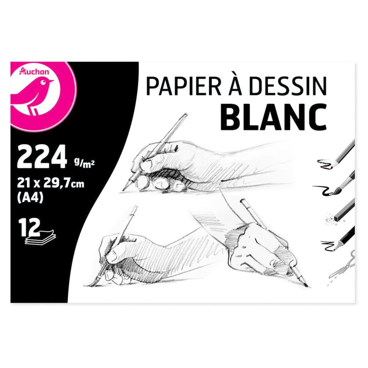 CANSON Pochette 12 feuilles papier dessin Blanc 224g format A4