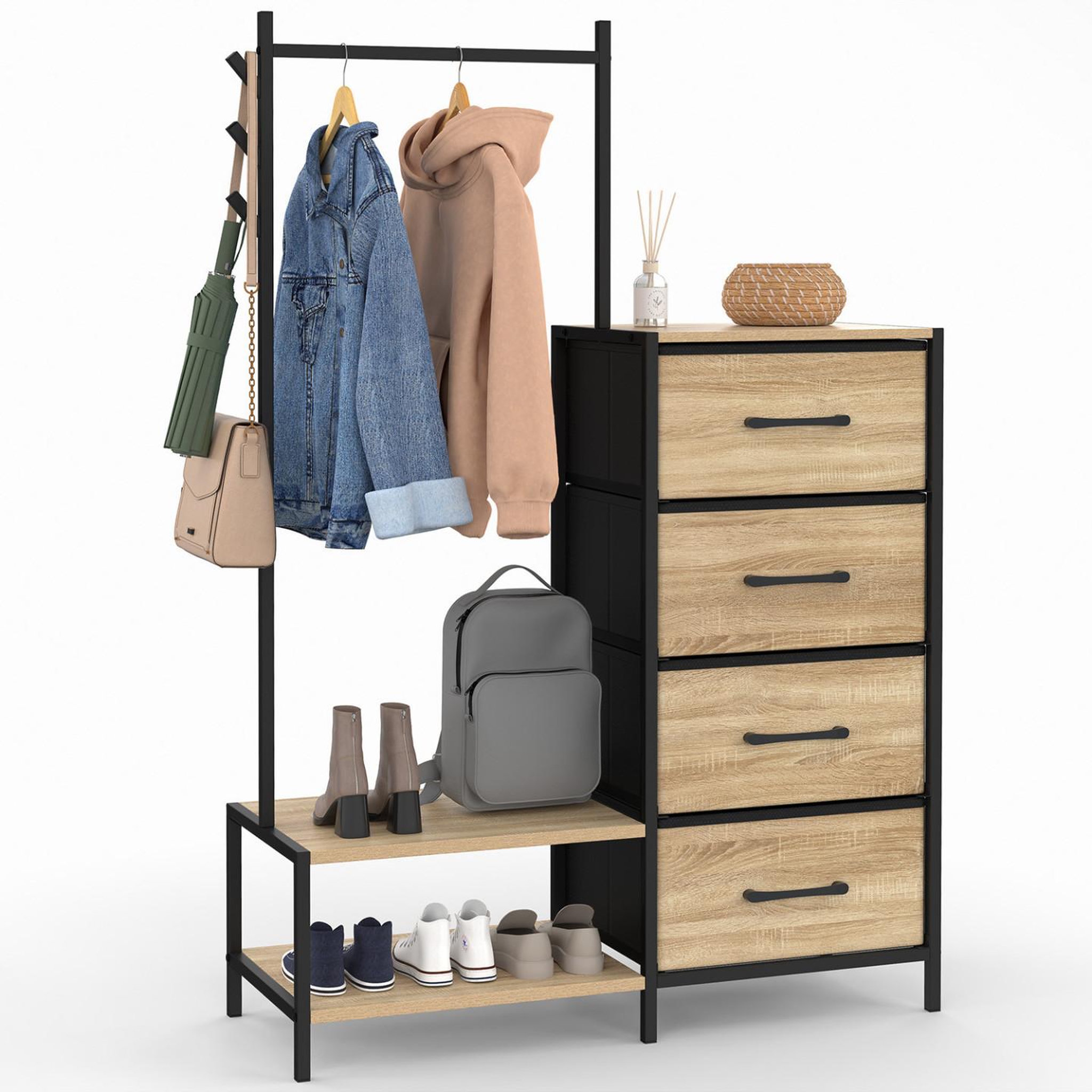 ID MARKET Commode 4 tiroirs en tissu utah 84 cm et penderie avec étagères et patères, design industriel