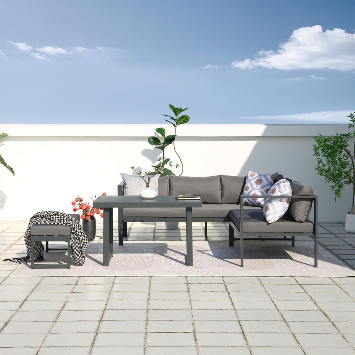 CONCEPT USINE Salon de jardin gris foncé 6 places canapé et banc MARBELLA