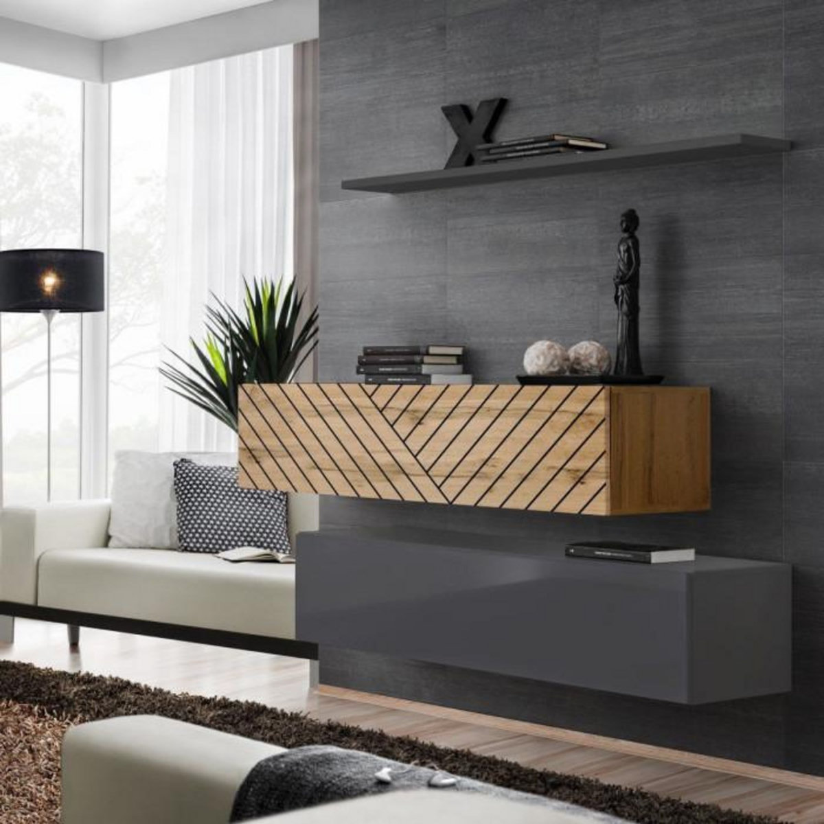 Paris Prix Lot de 2 Bancs Muraux & Étagère  Switch SBII  130cm Gris & Naturel Rainuré