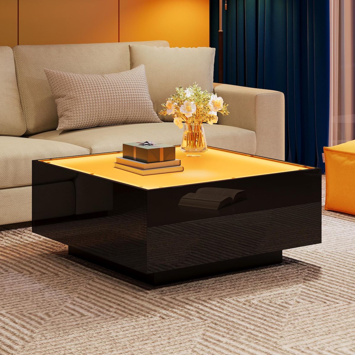 MERAX Table basse carrée noir - 70x70 cm led panneau de particules